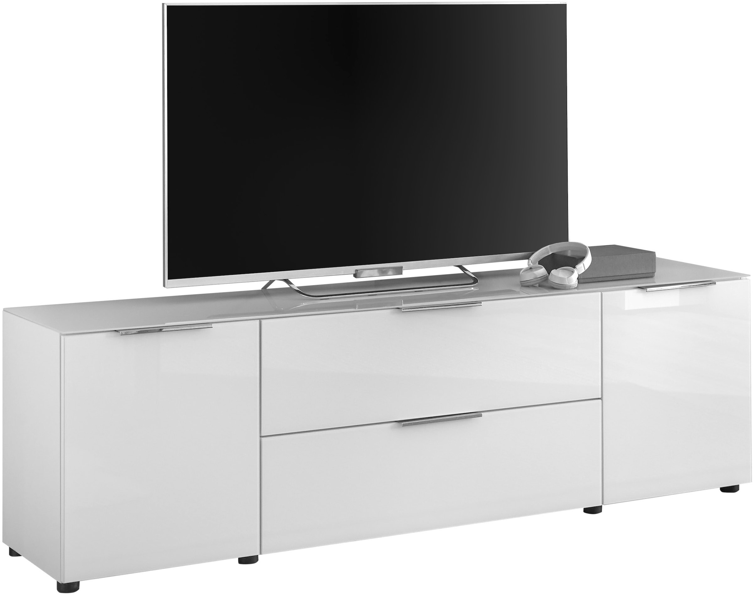 HBZ Lowboard »Santorin TV Möbel bis 65 Zoll, Stellmaß BxHxT 180x55x40 cm«, (1 St.), Mit 2 Türen mit Softclose, 1 Schubkasten, Glasfront und Glasoberboden