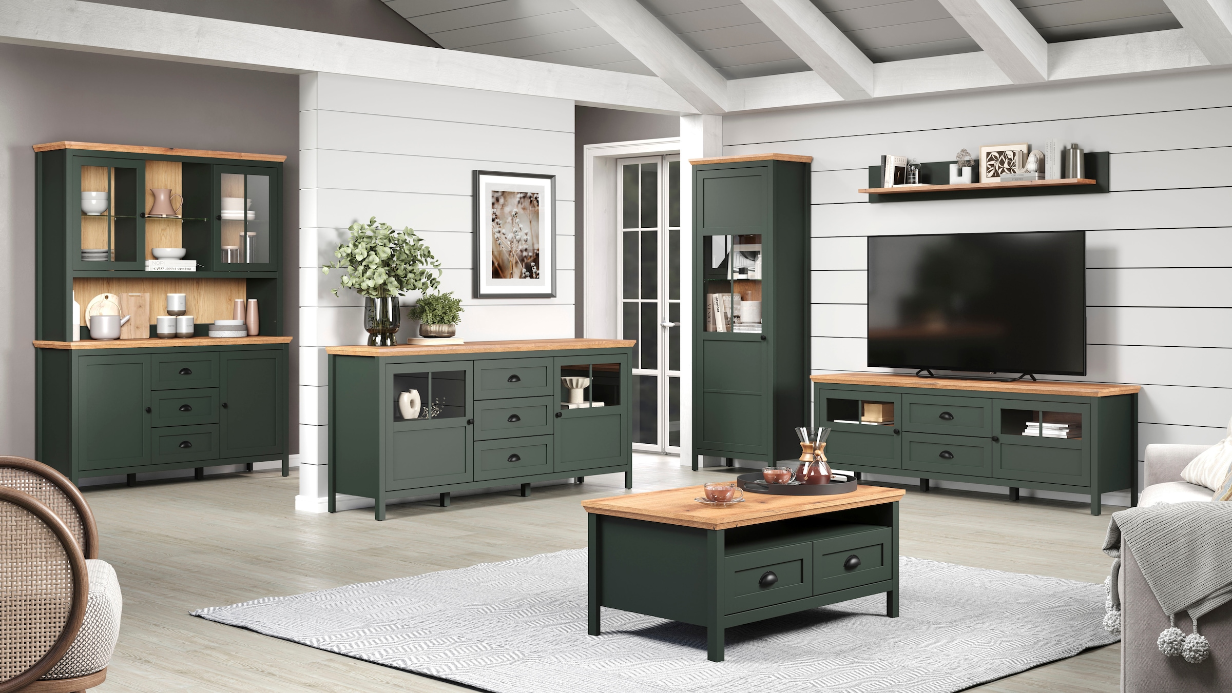 Home affaire Sideboard »Vienna« 1 Stk. tlg. Kommode im Landhausstil - Beleuchtung, Glastüren - B/T/H 185/45/86 cm