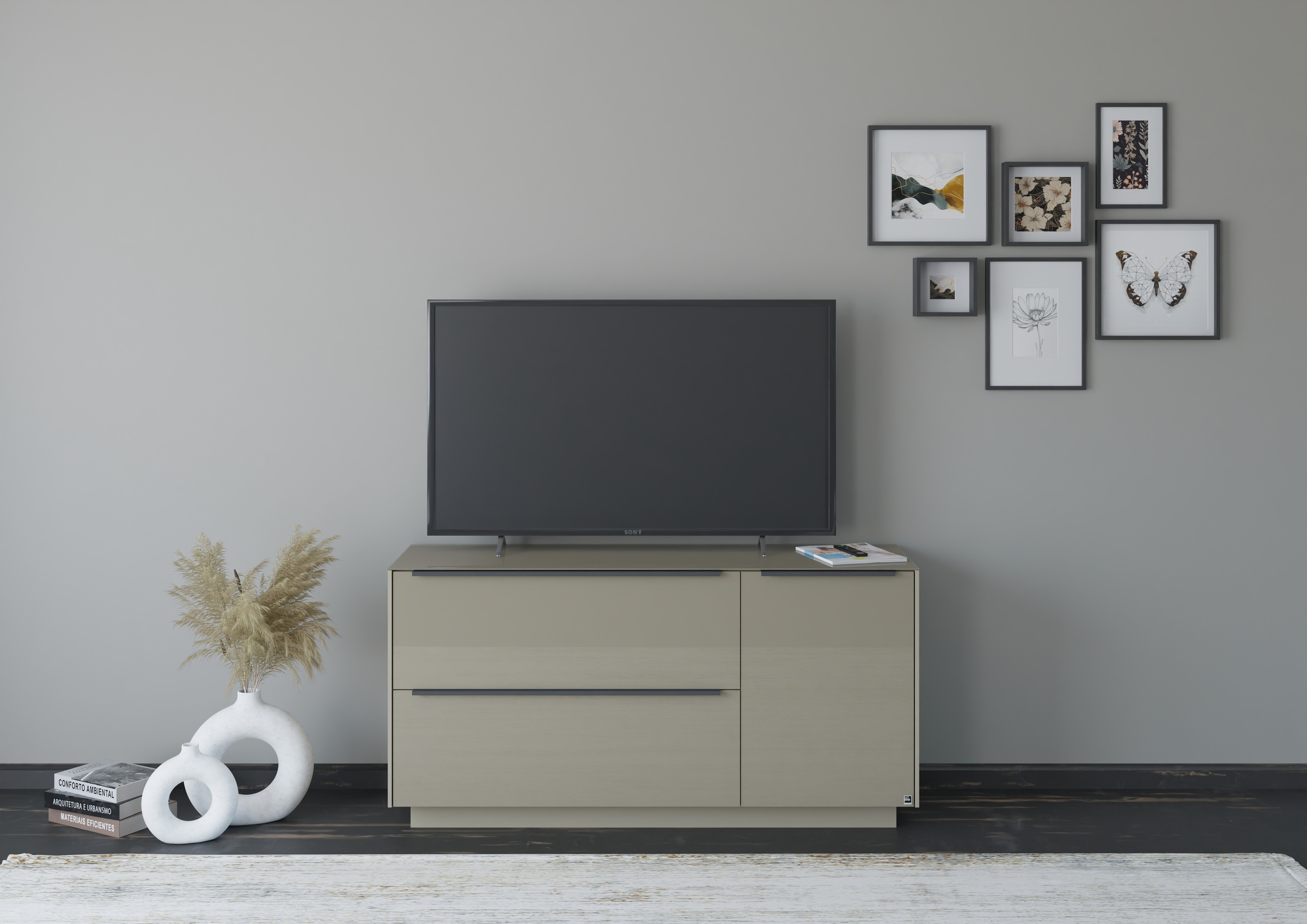 Lowboard, B:137cm H:71cm T:42cmtaupe matt lack, glas taupe glanz, SET ONE BY MUSTERRING, Glas, Holzwerkstoff, Wohnzimmer, Sideboards, "Reno", Mit