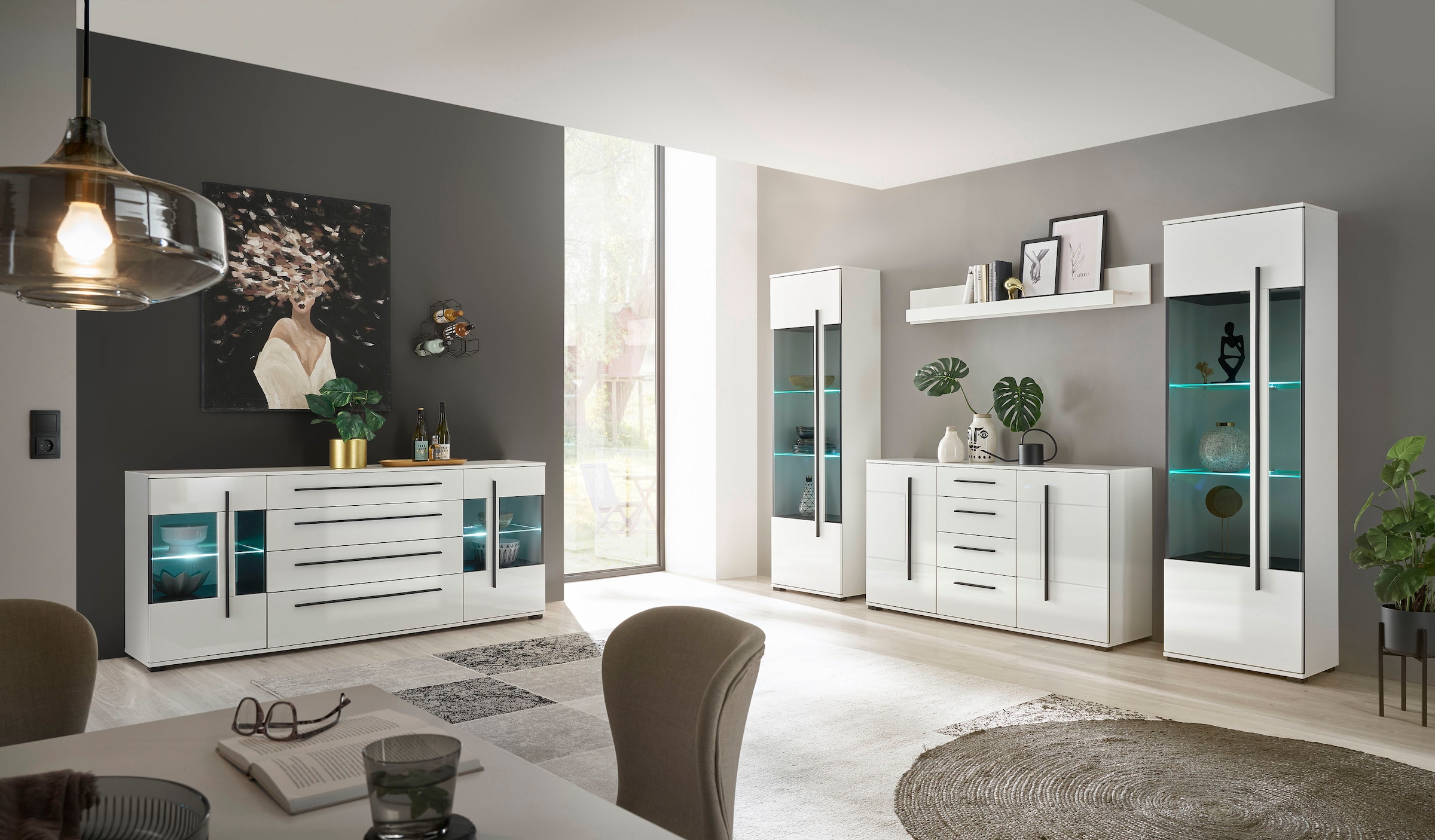 INOSIGN Wohnwand »Cantara, moderne Anbauwand, Wohnzimmer-Set, in Eiche Evoke oder Weiß«, (Set), enthält zwei Vitrinen, ein Sideboard und ein Wandboard
