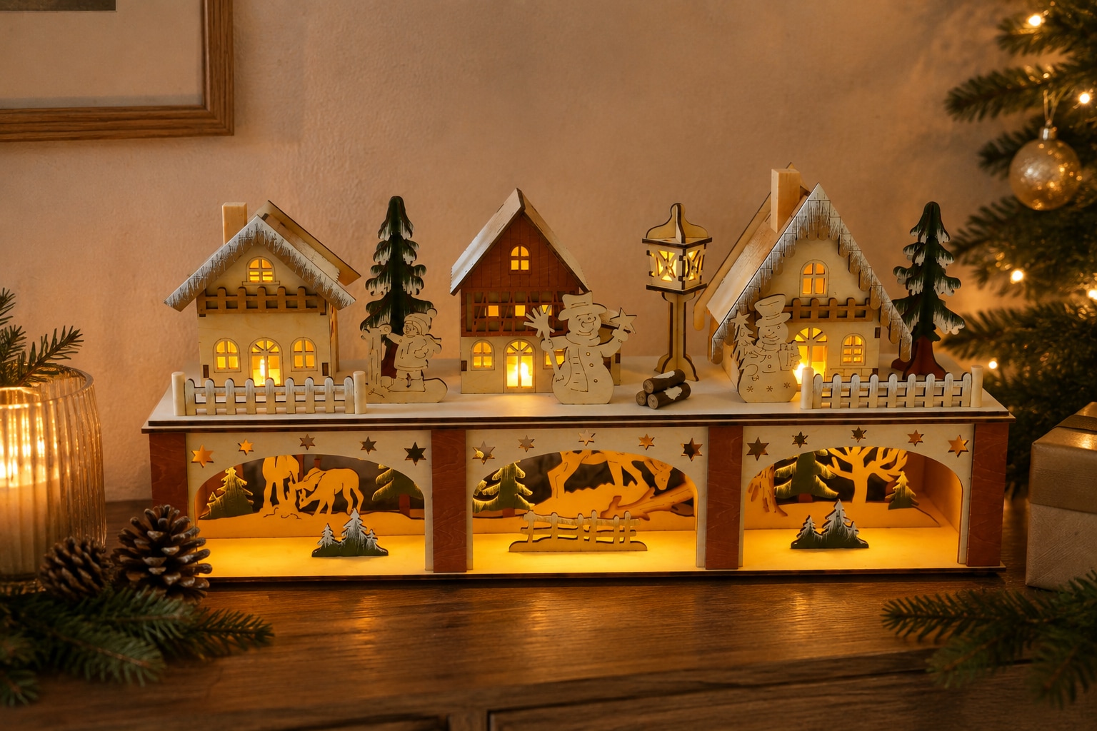 OTTO home LED Dekoobjekt »Weihnachtsdekoration aus Holz« 1 Stk. Warmweiß mehrdimensionale Szenerie, Gratis-Hänger, 6h-Timer, Höhe 22 cm