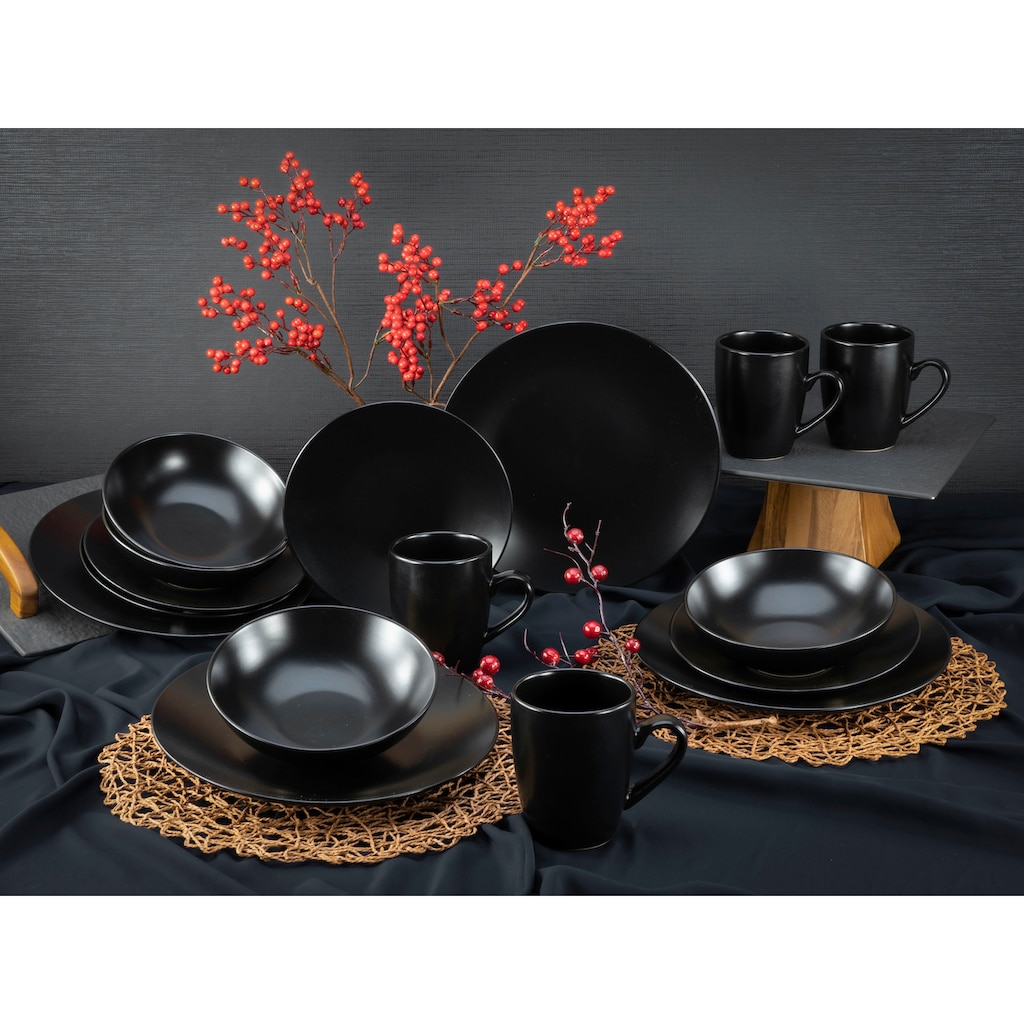 CreaTable Kombiservice »Geschirr-Set Black Matt«, (Set, 16 tlg., Kaffeeservice und Tafelservice im Set, für 4 Personen)