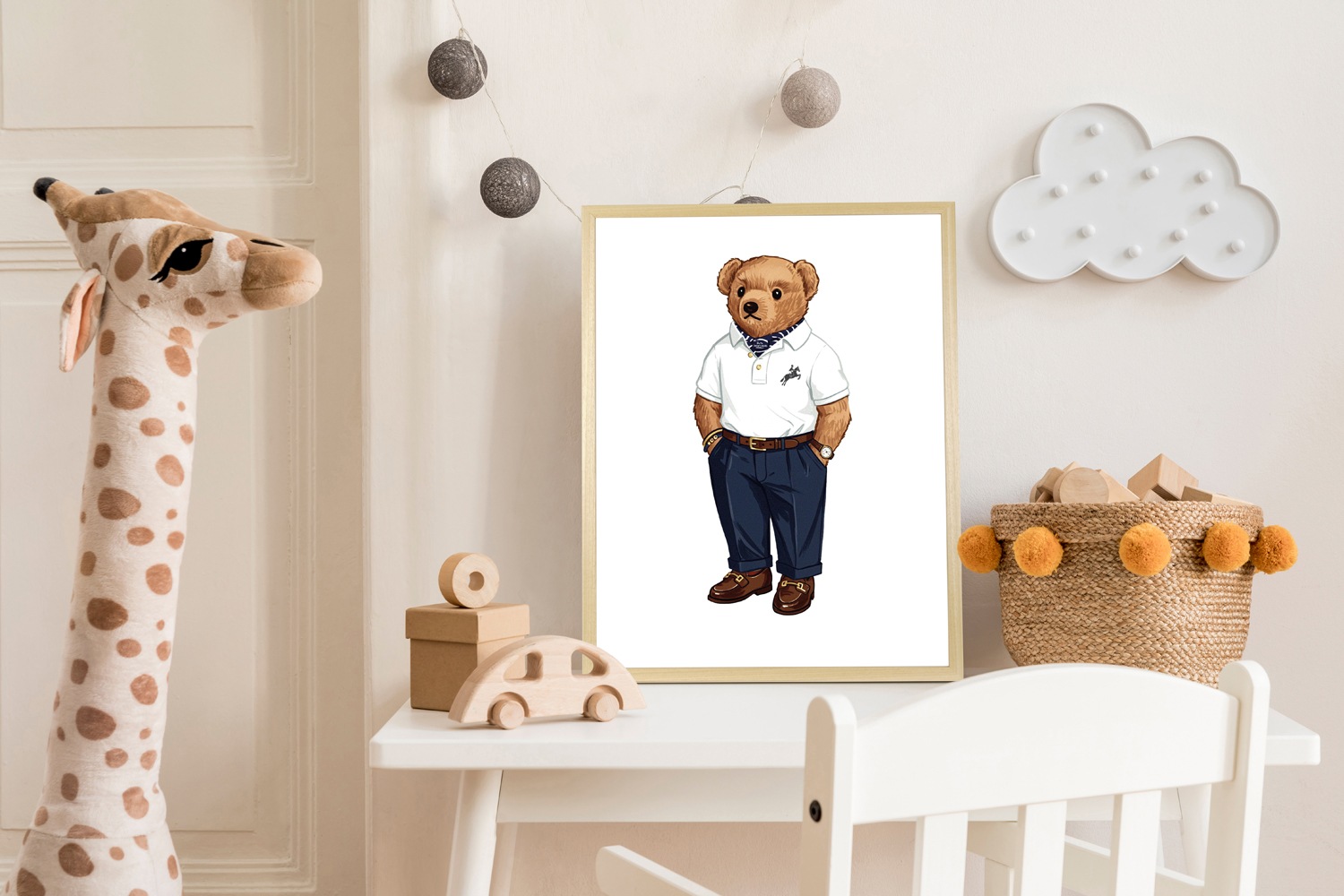 Bild mit Rahmen QUEENCE "Vintage Polo Club Teddy Bär", farbe rahmen: beige, farbe bild(er): blau, B:40cm H:50cm T:1,5cm, Acrylglas, Holzrahmen, Bilder, HD Premium Poster-Druck inkl. Echtholzrahmen in beige 3