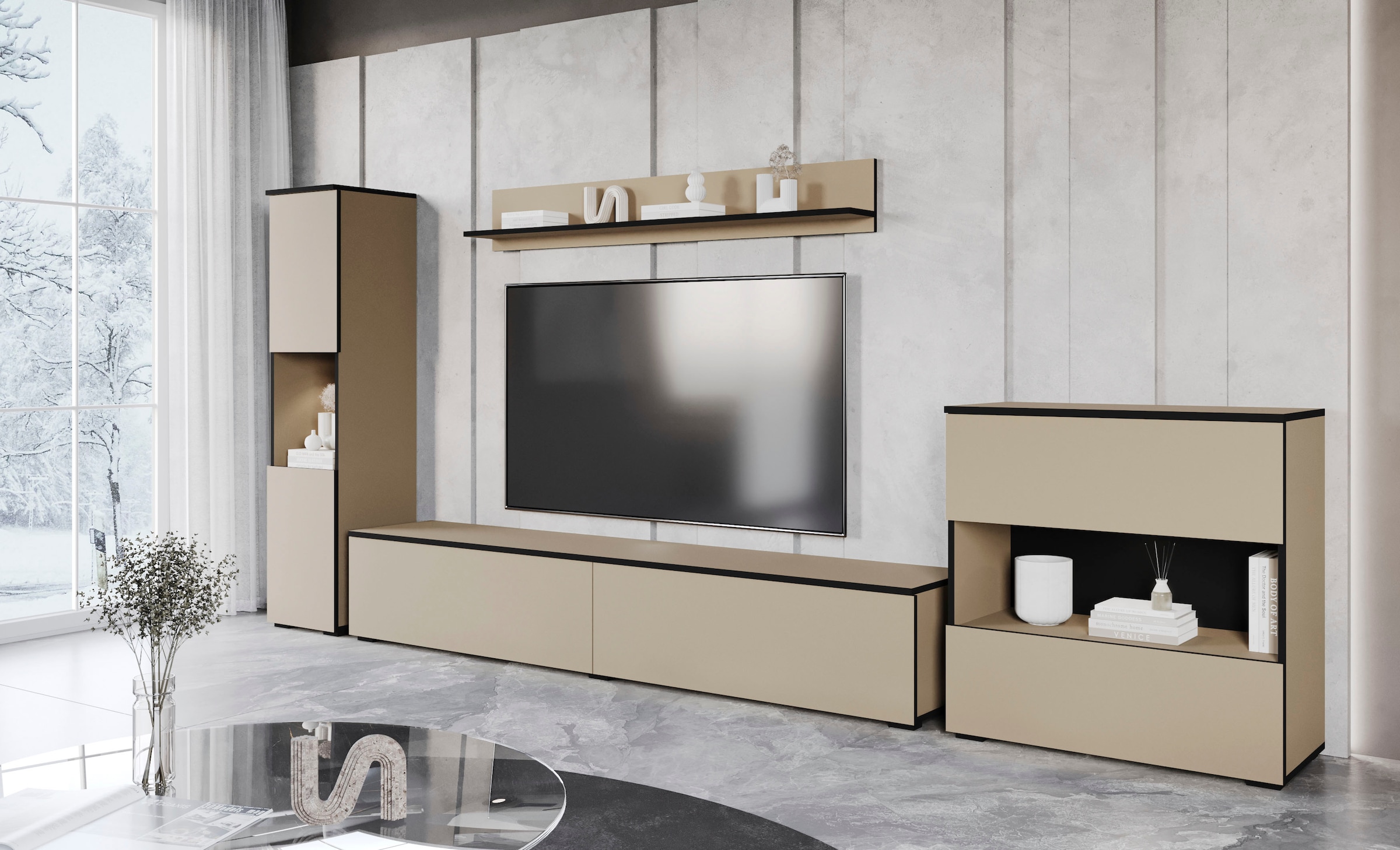 INOSIGN Wohnwand "PARIS", (Komplett-Set, 4 St.), TV-Wand 300cm breite, grifflose Design, stehend und hängend montierbar