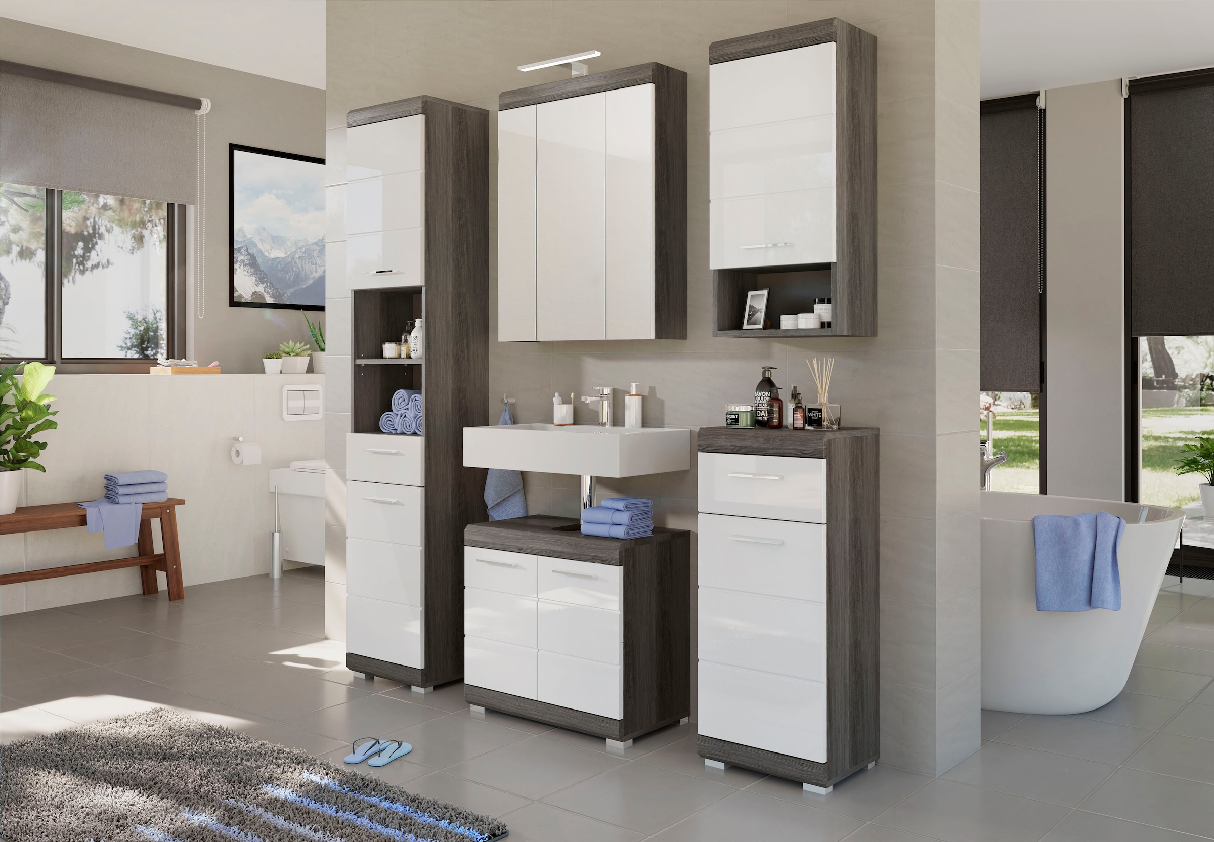 INOSIGN Badmöbel-Set »Siena, 5 teilig, inklusive LED Beleuchtung, bestehend aus:«, (Set, 5 St.), Hochschrank, WBU, Spiegelschrank, Unterschrank, Hängeschrank