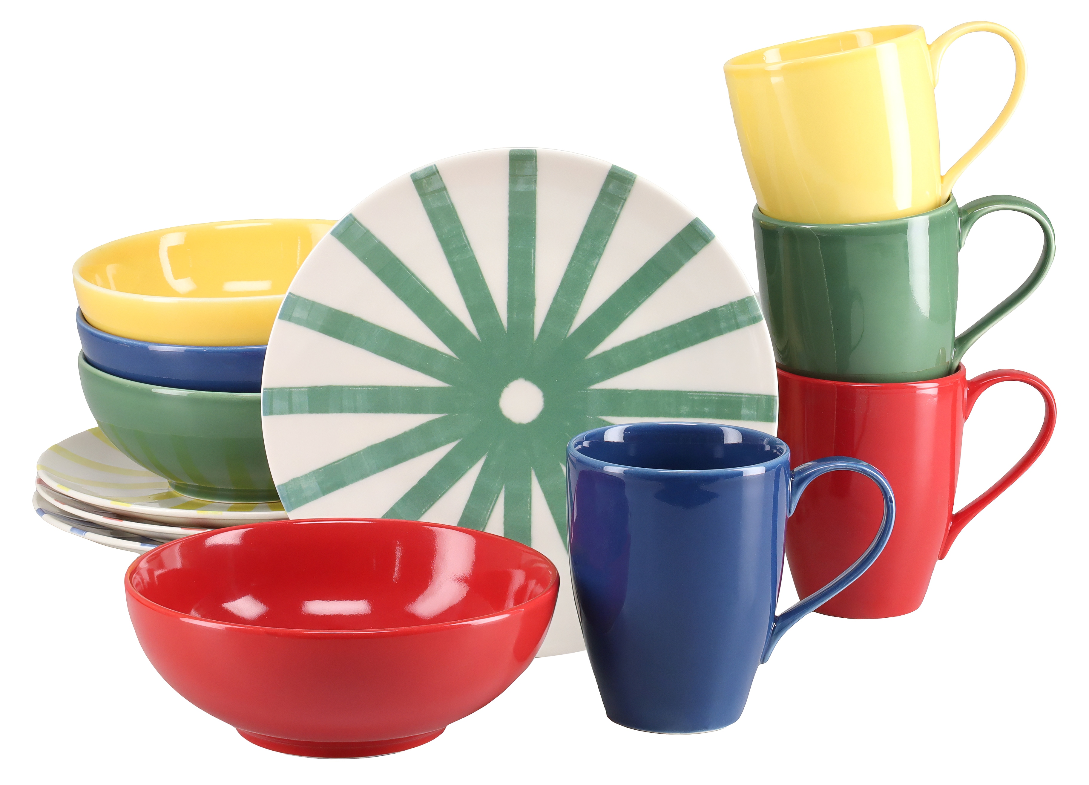 CreaTable Kaffeeservice "Mio Viva Bunt, Service, 12-tlg." Handgemalte Optik, keramische Motive kombiniert mit Farbglasuren