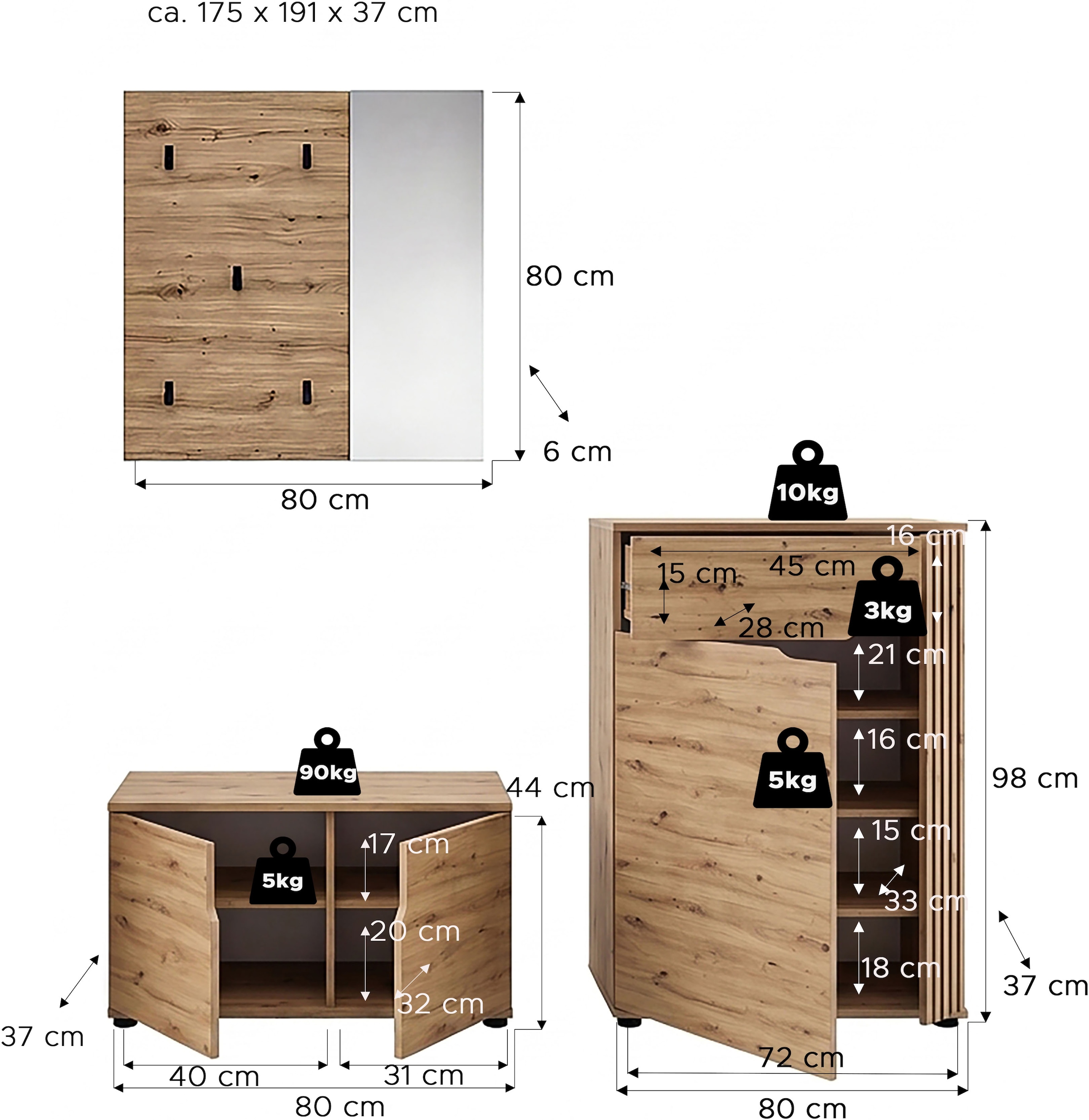 OTTO home Garderoben-Set »FJELL, 3-teilig, Breite 175cm, Front mit hochwertiger Längsfräsung«