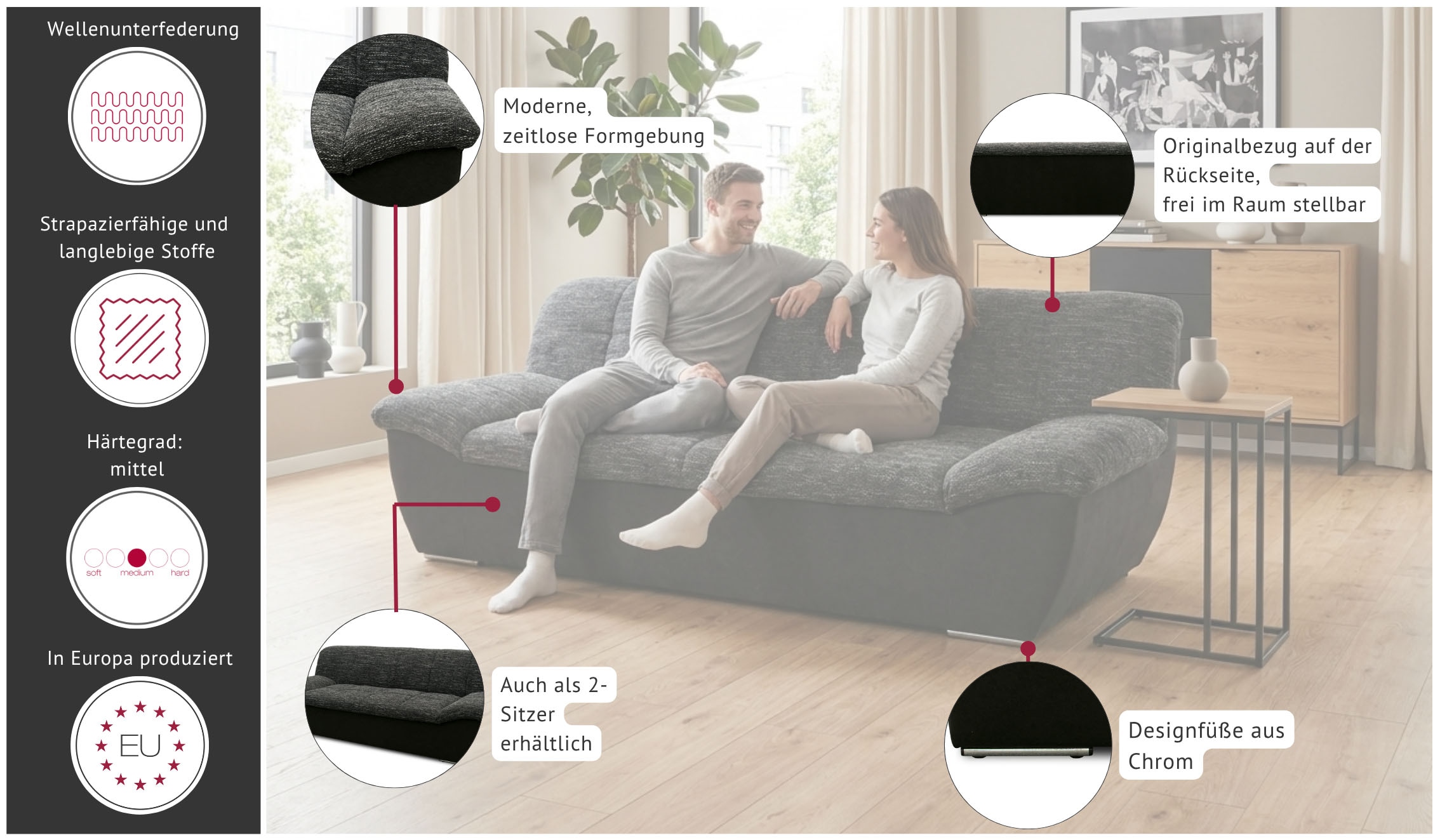OTTO home 3-Sitzer »Salltum 232 cm breit, formschön, komfortabel« mit Ziernähen in Rücken und im Sitz, pflegeleichter Bezug