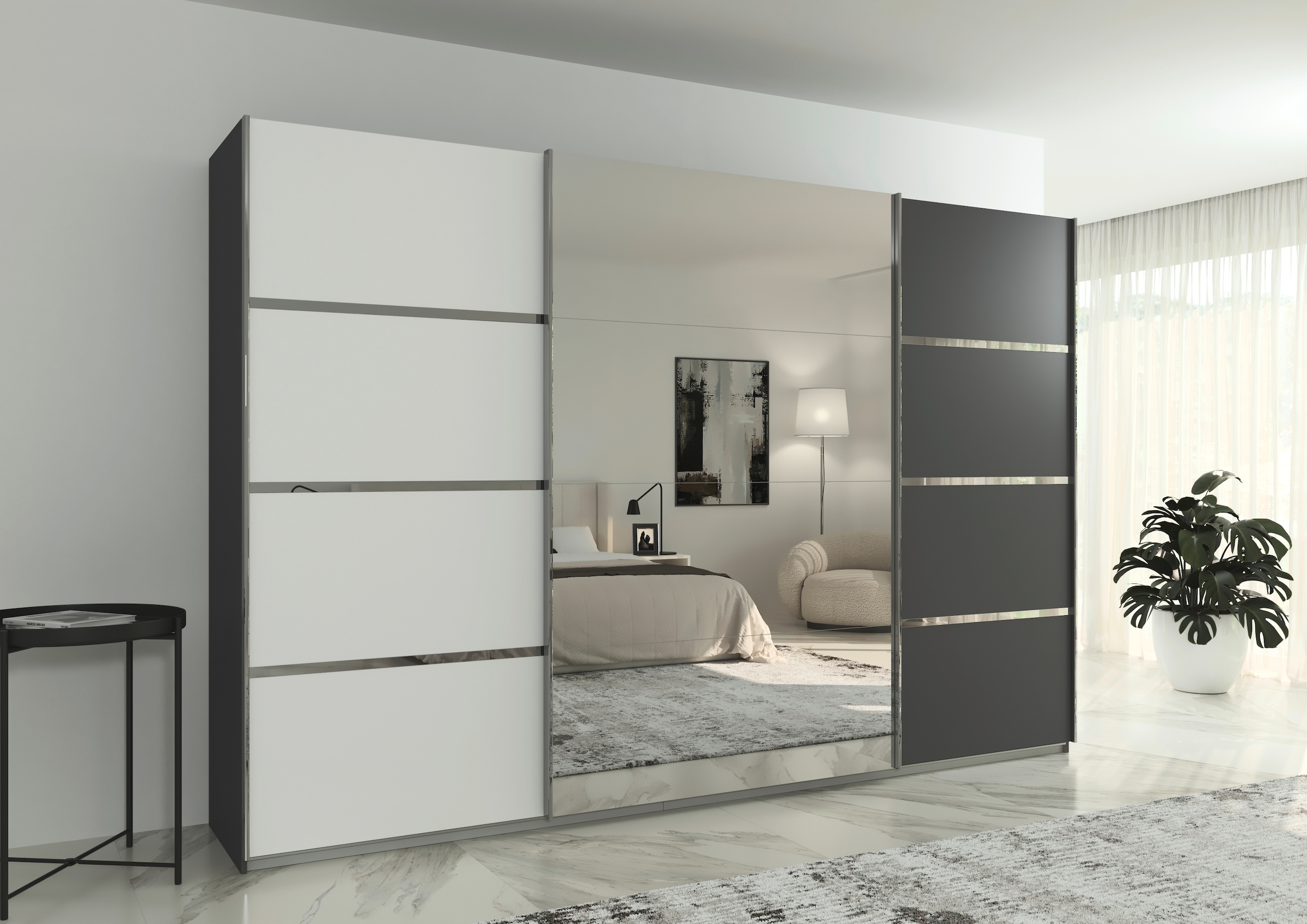 rauch Kleiderschrank »Schwebetürenschrank OTTO´s Choice Garderobe Schrank TOP ANGEBOT Avola«, (in 3 verschiedenen Ausstattungen BASIC/CLASSIC/PREMIUM inkl. Spiegel), mit eleganten Zierleisten in Chrom, Schwarz oder Weiß MADE IN GERMANY