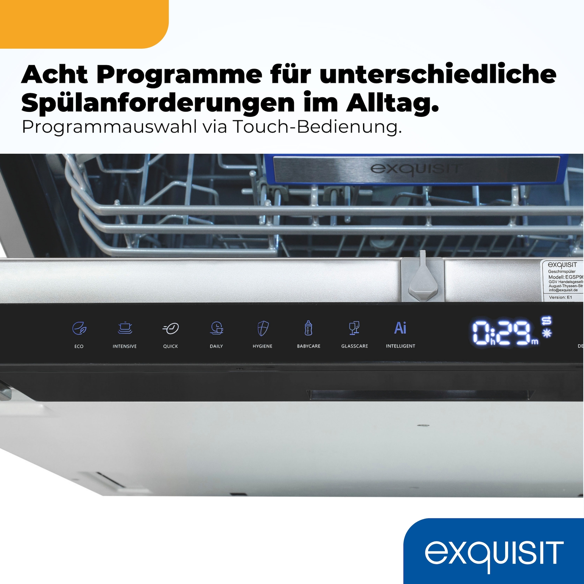 exquisit vollintegrierbarer Geschirrspüler 9616 »EGSP9616-E-450B schwarz« 10,9 l 16 tlg. Maßgedecke 16 Maßgedecke & flüsterleise 42 dB – stark und angenehm ruhig
