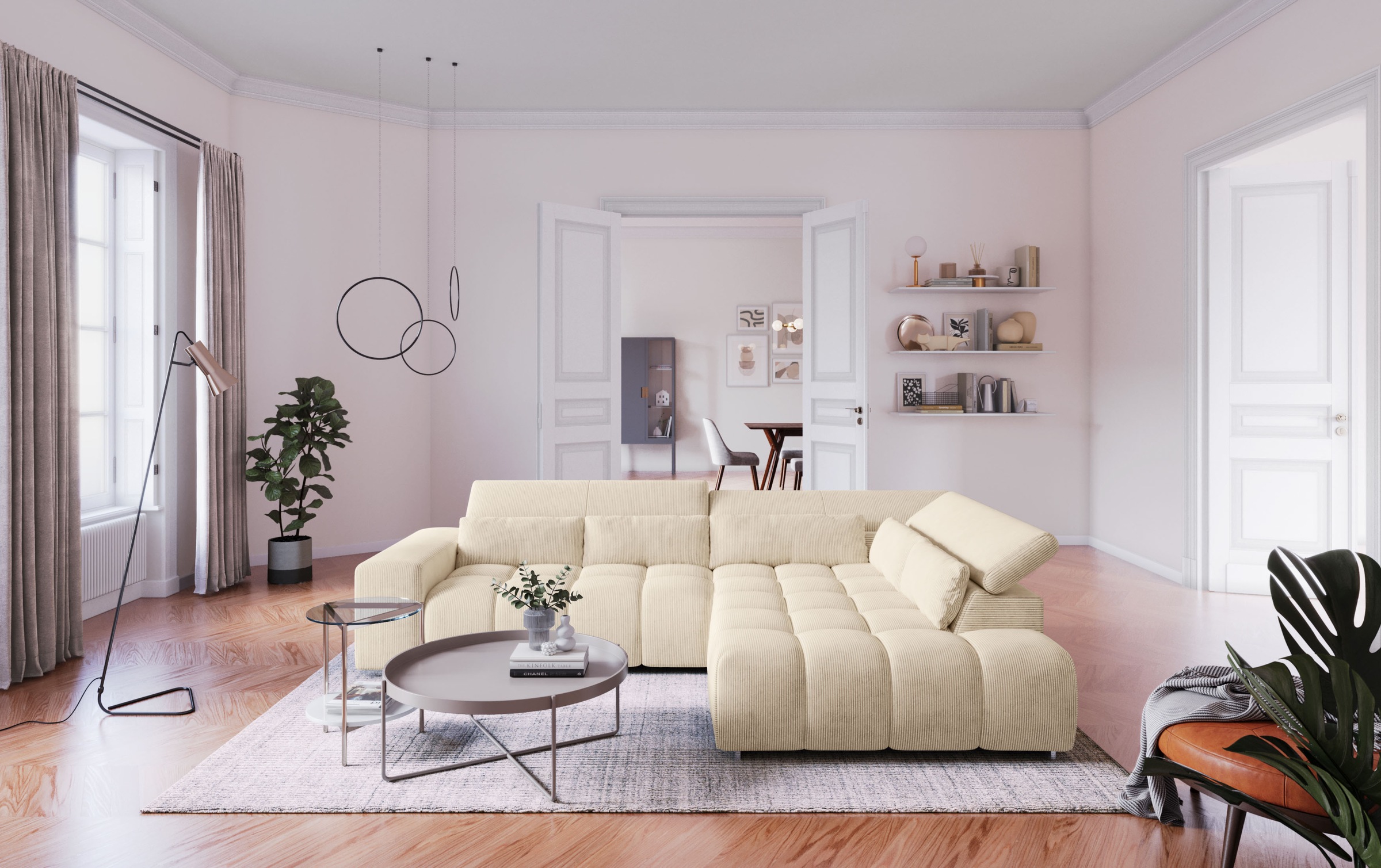 COTTA Ecksofa "Orion L-Form, B: 310 cm, moderne Steppung, bequeme Wellenunterfederung" Kopfteilverstellung & 5 Nierenkissen