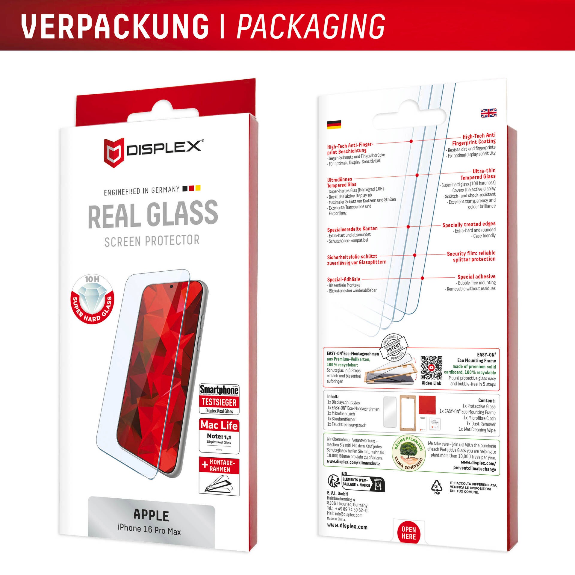 Displex Displayschutzglas »Real Glass Screen Protection«, für Apple iPhone 16 Pro Max, Displayschutzfolie, Schutzfolie, Bildschirmschutz, kratz- & stoßfest