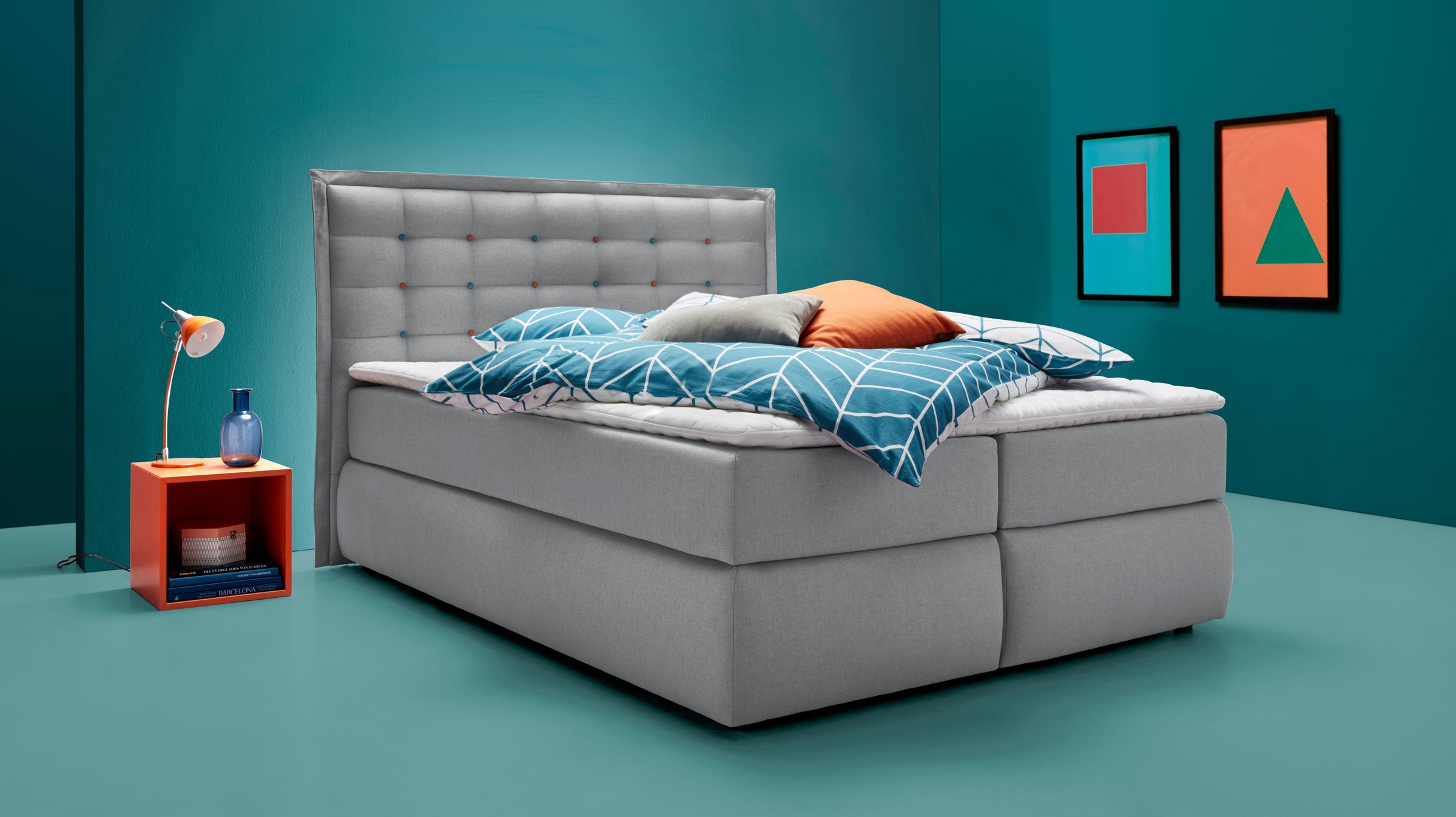 INOSIGN Boxspringbett »Sagres«, Kopfteil mit 2farbiger Flatterbiese und zweifarbigen Knöpfen