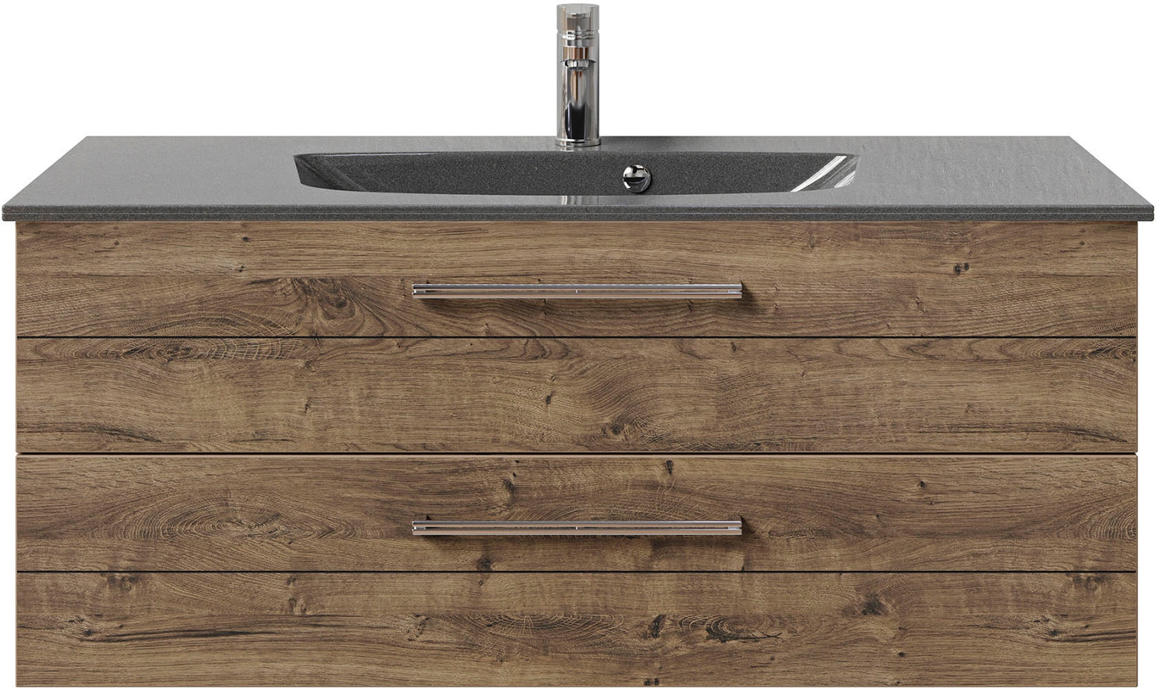 Saphir Badmöbel-Set »Serie 6025 2-teilig Mineralmarmor-Waschtisch mit LED-Spiegelschrank«, (2 St.), Waschplatz 117cm breit, 2 Schubladen, 3 Spiegel-Türen, inkl Türdämpfer