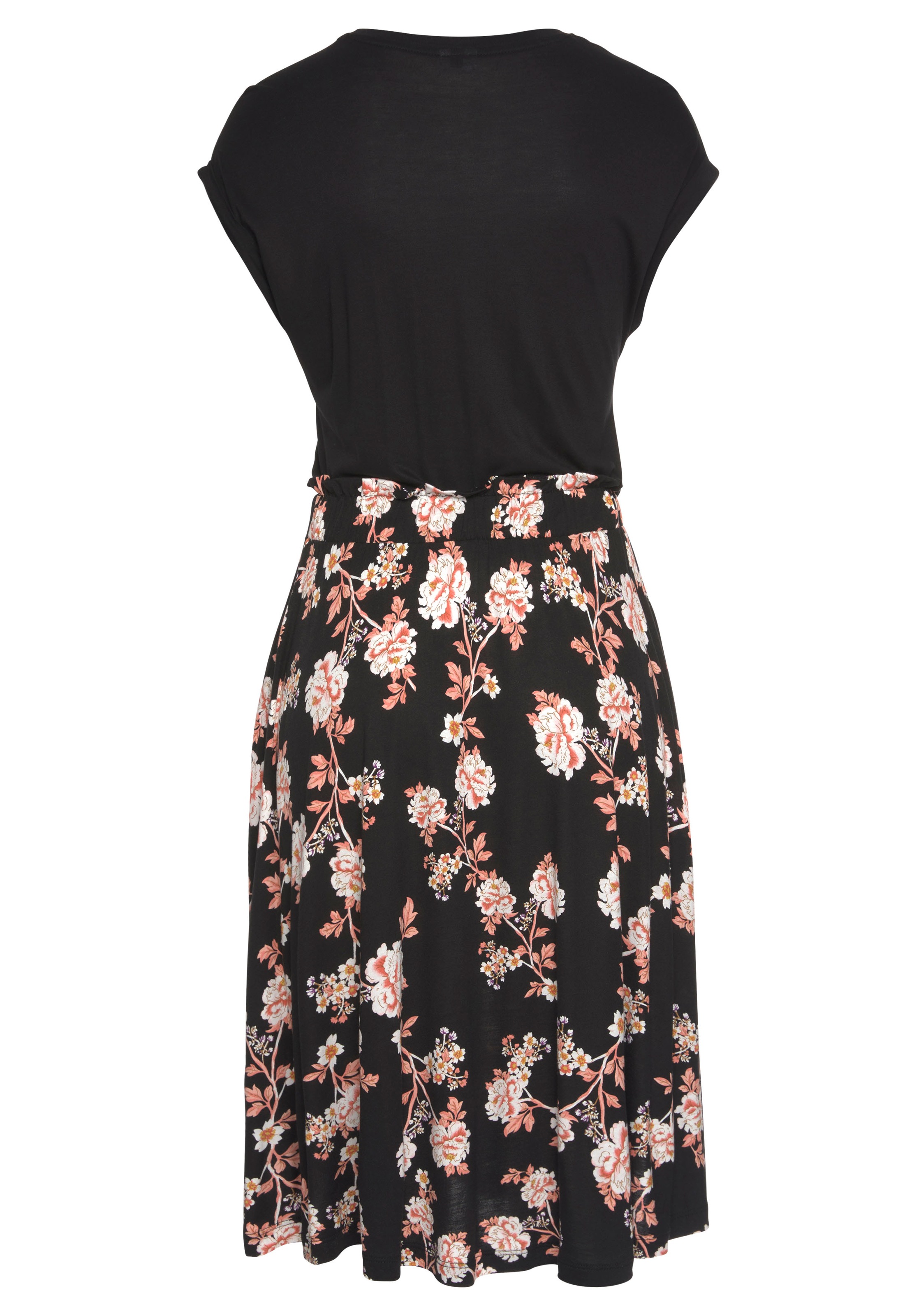 Jerseykleid LASCANA, Damen, Gr. 46, N-Gr, bunt (schwarz, orange, bedruckt), Jersey, Obermaterial: 100% Viskose, bedruckt, geblümt, figurbetont kniefrei, Rundhals, Aufschlag, Kleider Jerseykleid, mit bedrucktem Rock, kurzärmliges Sommerkleid, casual, Topse 3