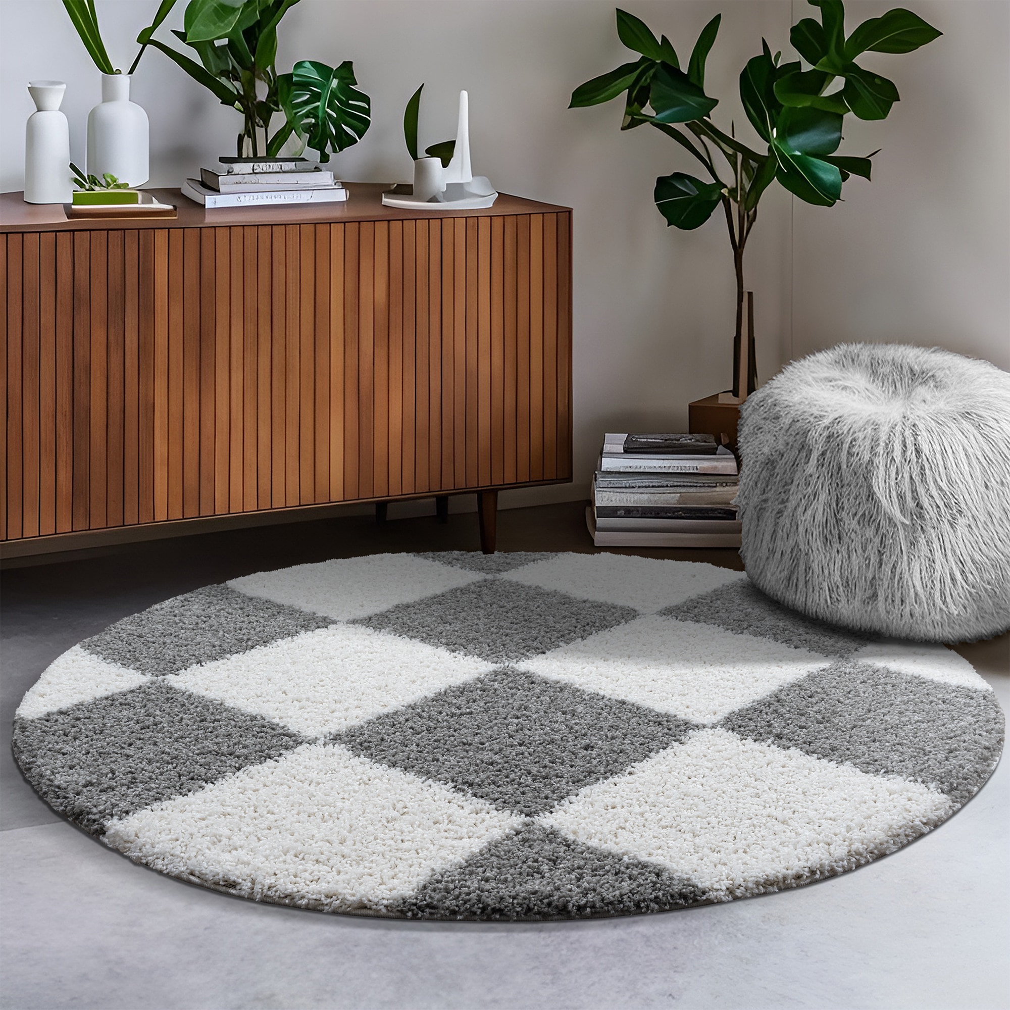 Sanat "Milano 1250, auch als Läufer und in Rund" rund 30 mm Höhe Hochflor, Shaggy, Karo, Wohnzimmer, Schlafzimmer