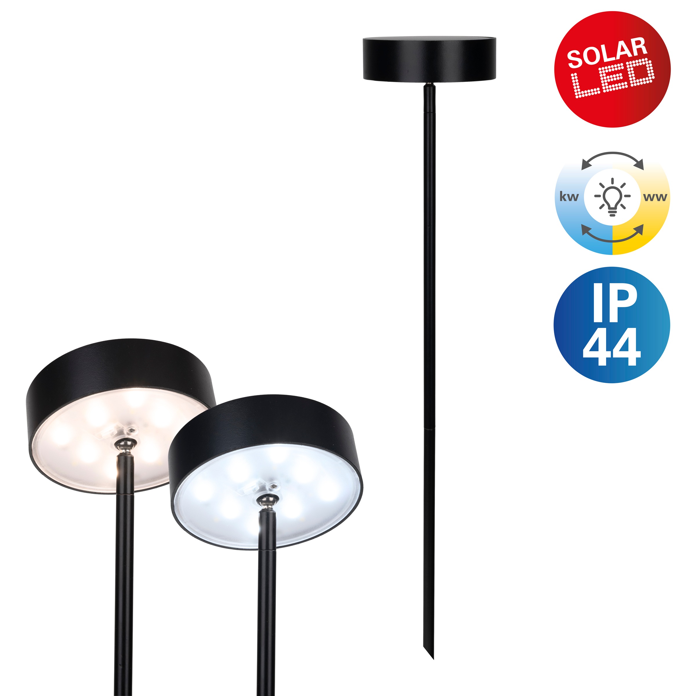 näve LED Solarleuchte "Laupheim" LED-Modul 1 Stk. warmweiß - kaltweiß LED Dekoerdspieß H: 56cm, schwarz, CCT, Schiebeschalter, Schirm rund