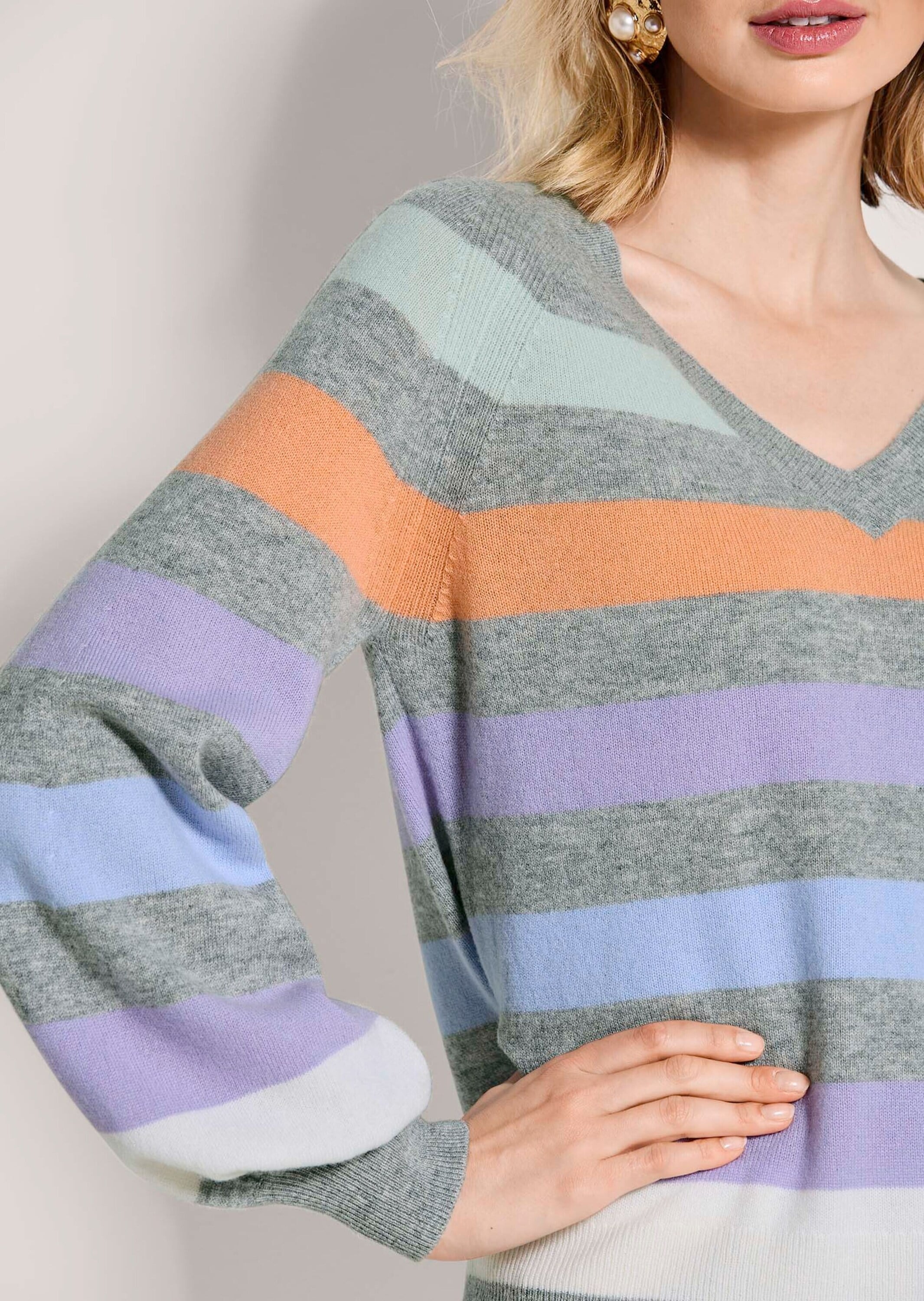 MADELEINE Longpullover »Feinstrickpullover Sommerpulli mit Streifen-Muster« Gerippte Abschlüsse