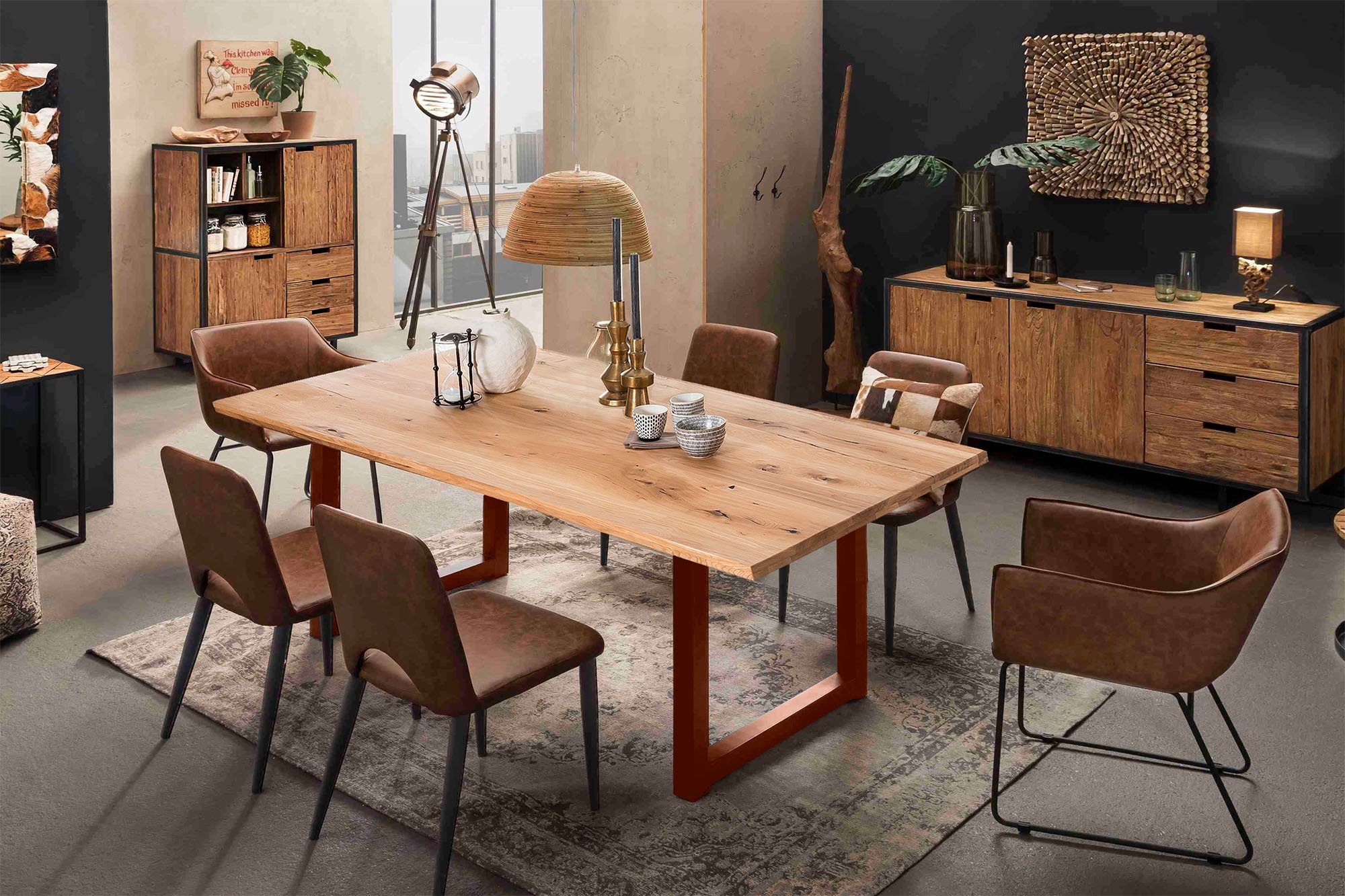 Esstisch SIT, braun (natur, antikbraun, antikbraun, natur), B:180cm H:75cm T:100cm, Platte Wildeiche geölt, Gestell Metall, Tische, Rechteckiger Esstisch Esstisch Holz-Esstische, Kufengestell im industriellen Antiklook