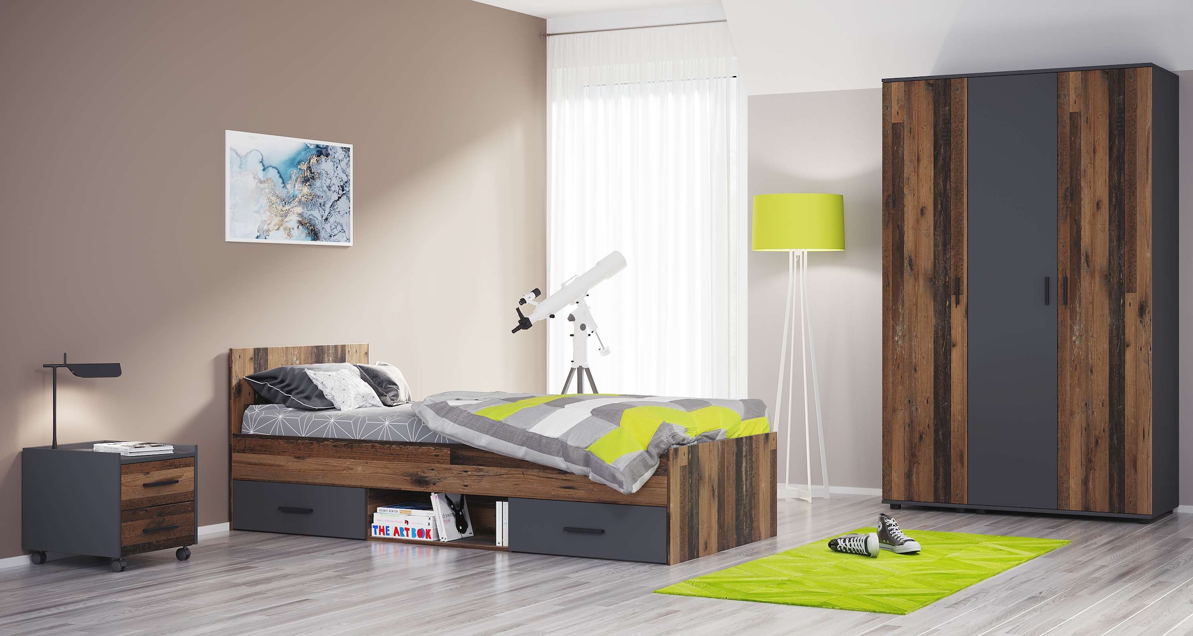 Kleiderschrank + Style, Home + »Nonjoo-Teen«, Nachttisch St.), Jugendzimmer-Set 3er Bett affaire Industrial mit | Stauraum (3 BAUR