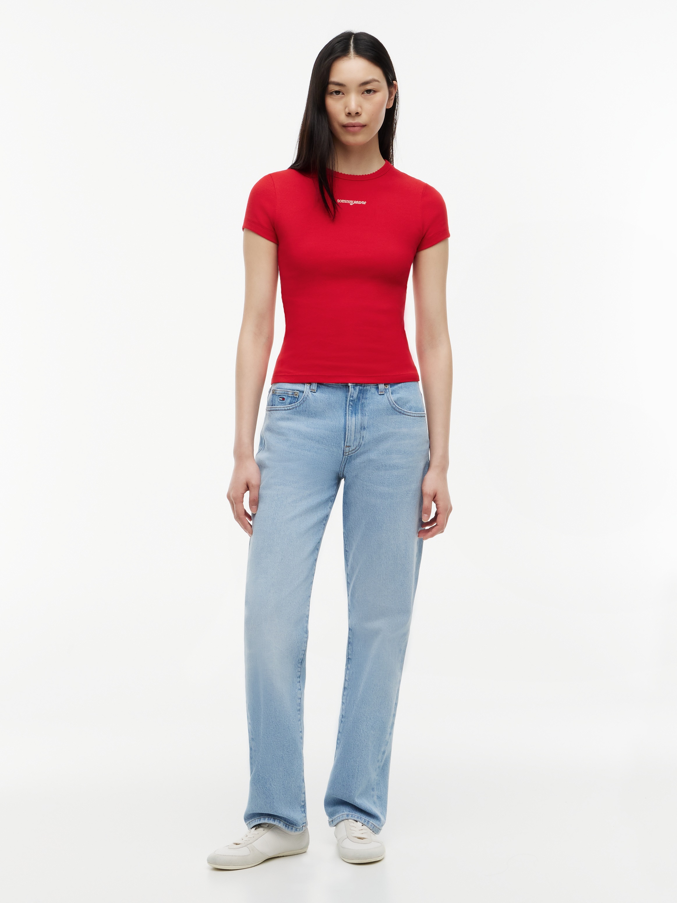 Tommy Jeans Kurzarmshirt »TJW SLIM SCRIPT RIB SS TEE« Baumwollmischung, slim fit, in gerippter Struktur