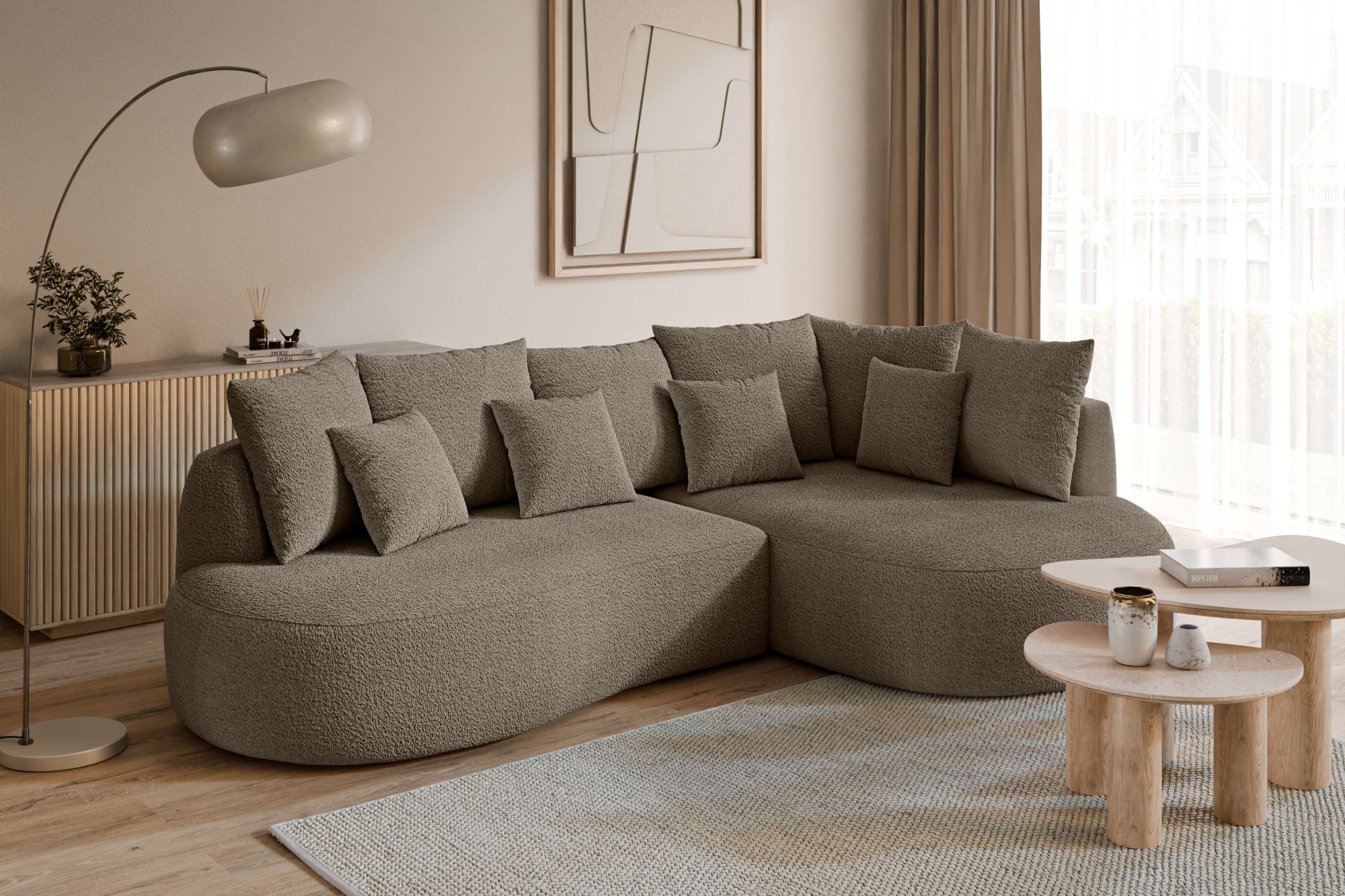 homsy by Ana Johnson Ecksofa "PEBBLA L-Form mit vielen Kissen, modernes Design, Bezug- Boucle" Breite 267 cm, Design-Sofa mit Ottomane recht/links bestellbar