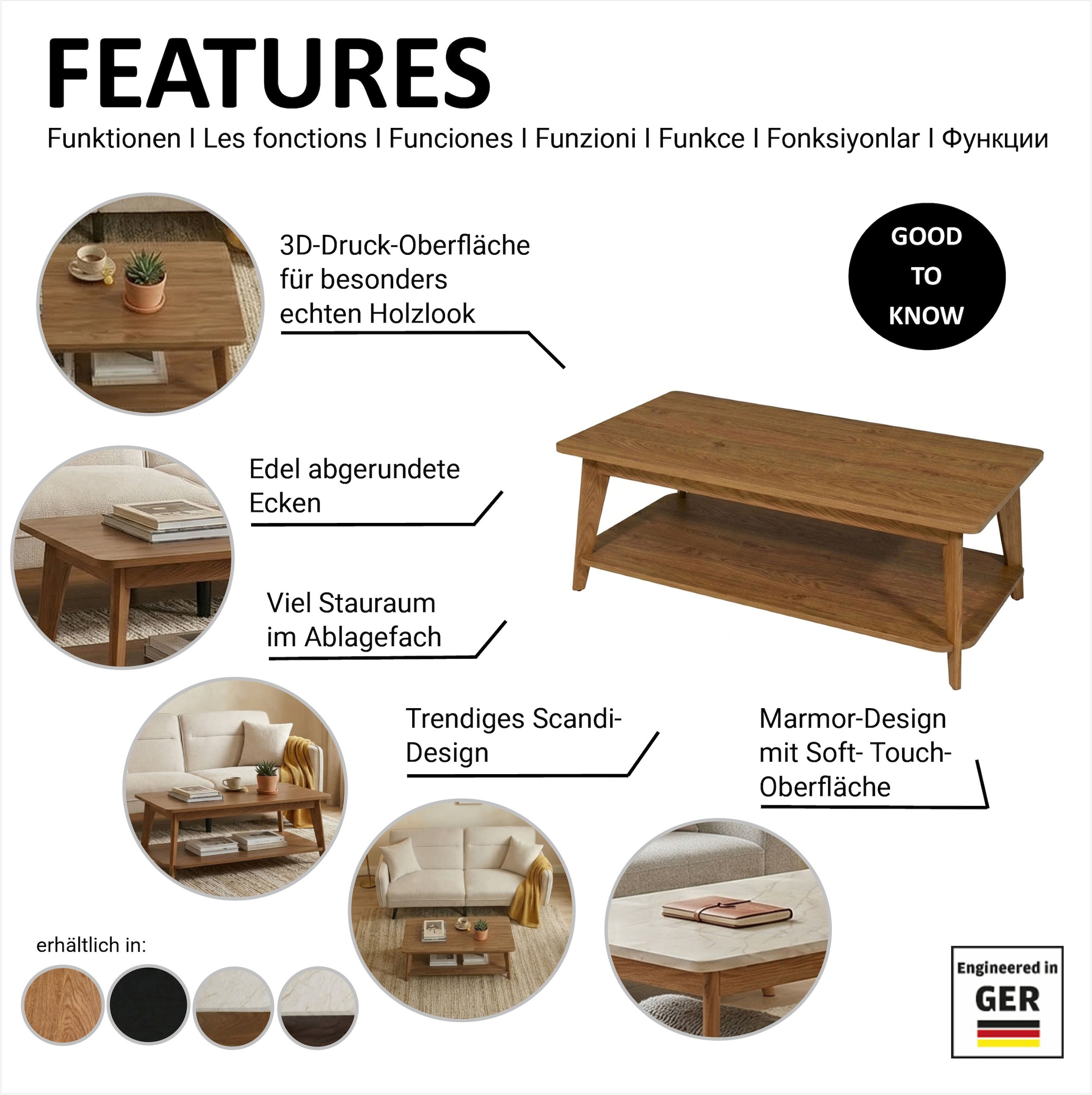 Jahnke Couchtisch »SIXTY COFFEE« Couchtisch, 2 Ebenen, Skandi, Walnuss-Optik&Marmor-Look, Breite:110 cm