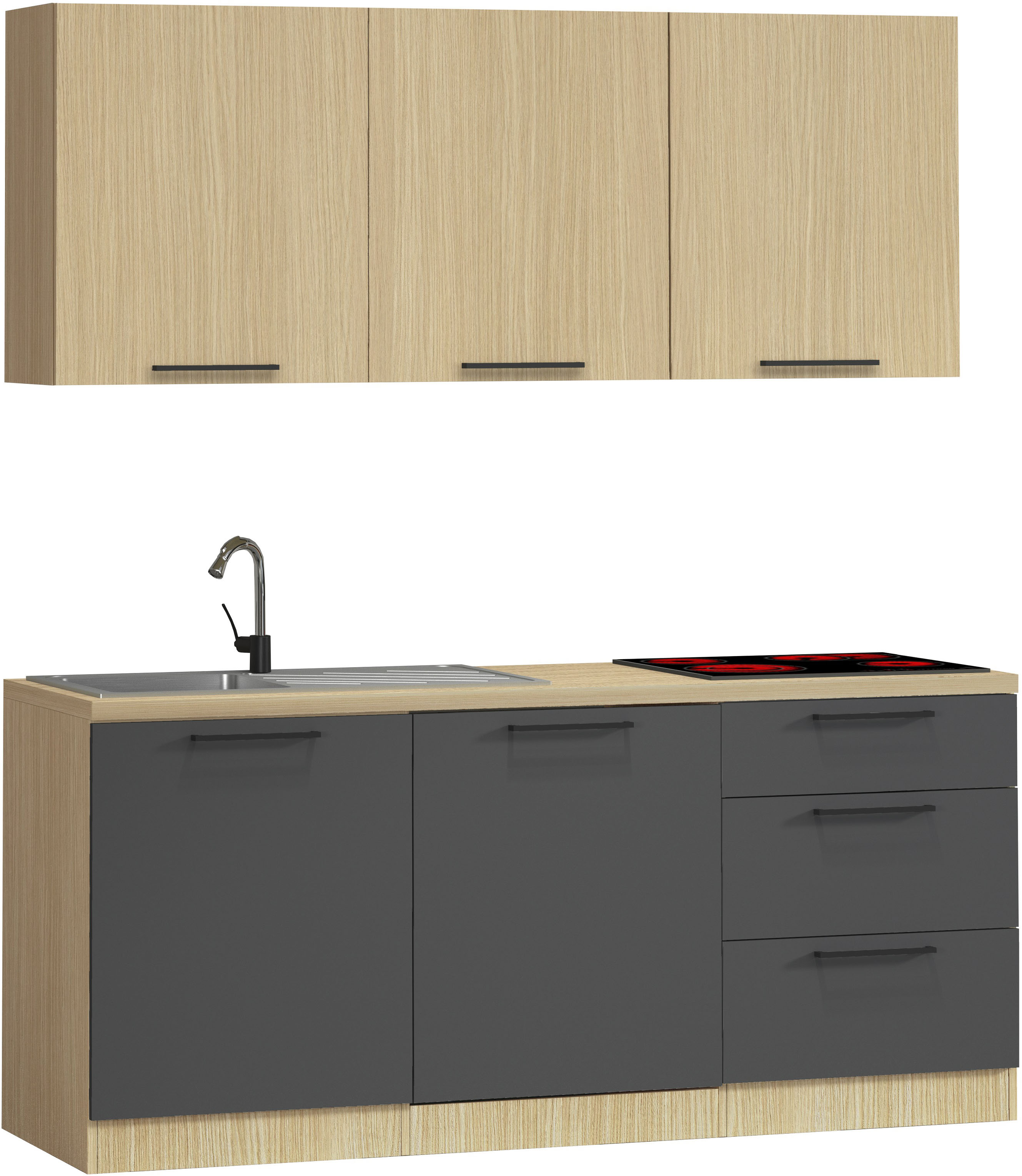 KOCHSTATION "Luna, Küchenzeile mit Spüle + Siphon, ohne E-Geräte" Breite 182 cm,Türen mit Soft-Close Funktion, Metalgriffe,Made in Italy