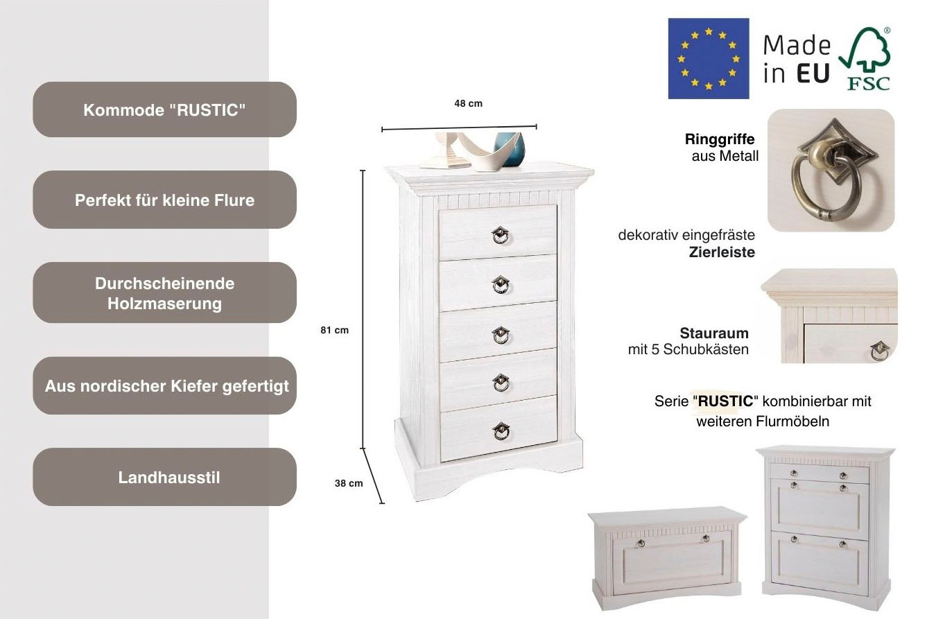 Thumbnail - OTTO home Kommode "Rustic" Breite 48cm, aus massiver Kiefer, 5 Schubladen, FSC-zertifiziert