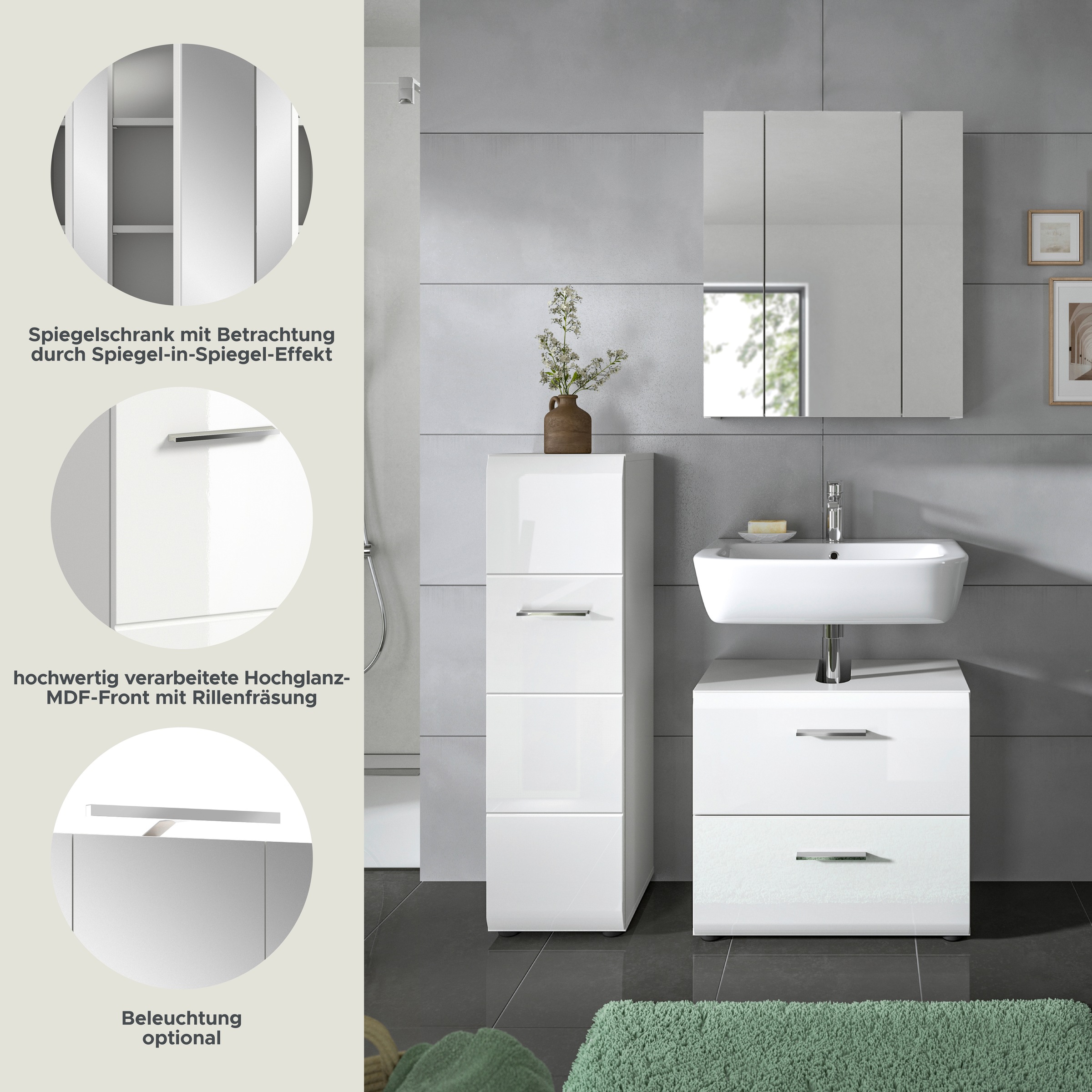 INOSIGN Badezimmer-Set, (Set, 3 St.), Florenz, Badkombination 3-tlg., Weiß hochglanz tiefzieh, Standschrank