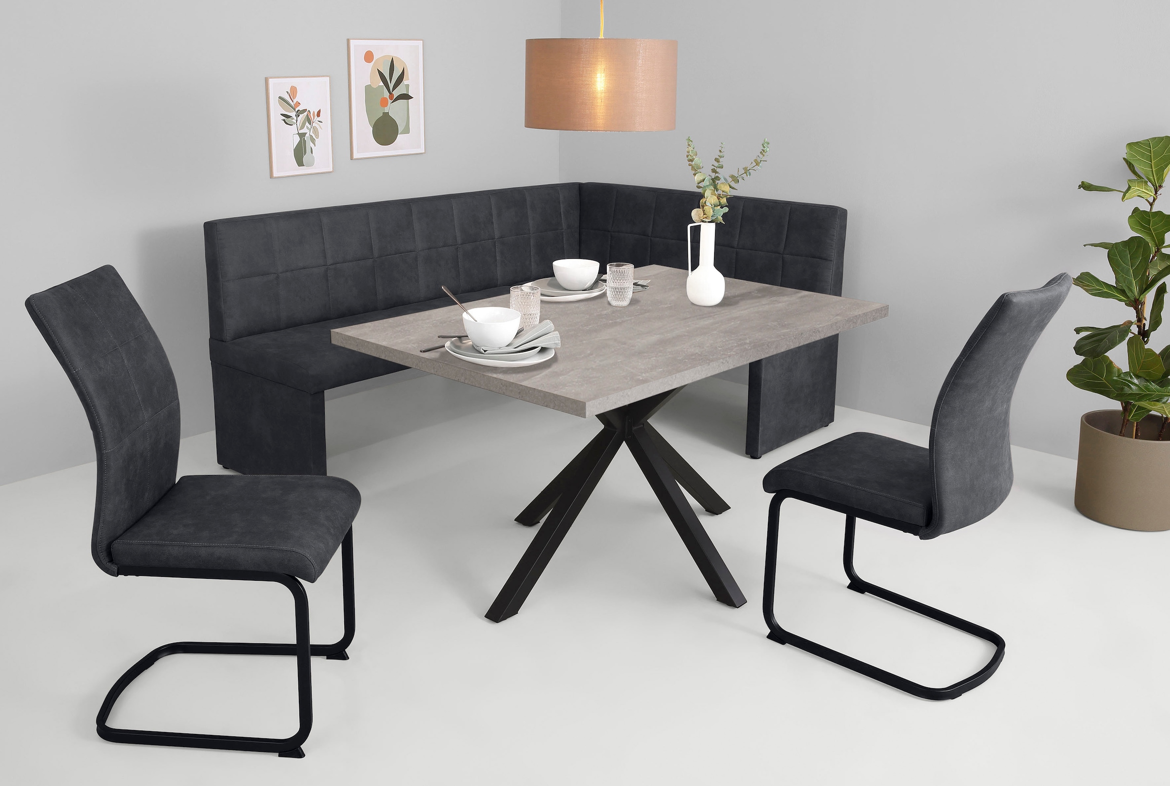 HELA Essgruppe "SPREE" 4 Stk. tlg. Esstisch 140x90 cm mit Dickkante, Microfaserbezug