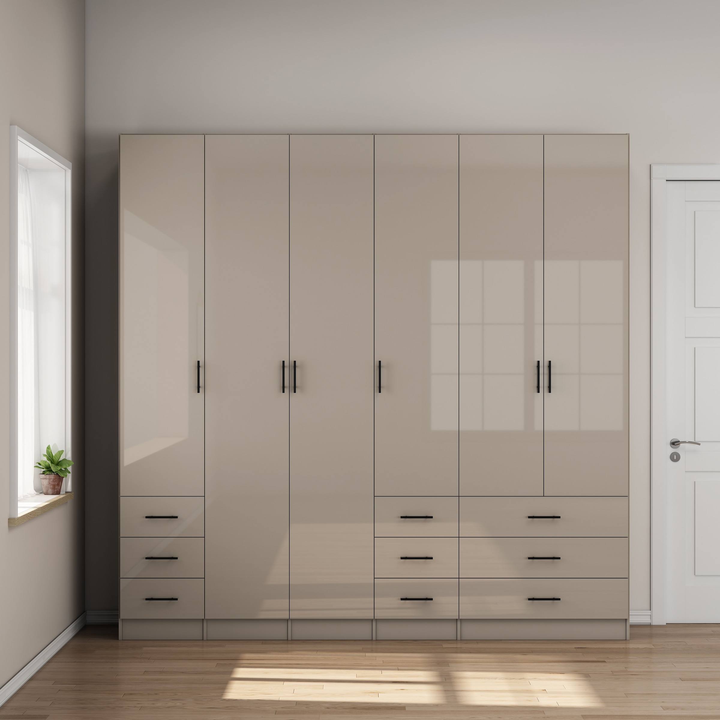 OTTO home Kleiderschrank »Trento Schlafzimmerschrank Garderobe hochglanz« in 2 unterschiedlichen Schrankhöhen wählbar,  Schrank mit 6 Türen und 9 Schubladen, Hochglanz-Fronten, 2,39m Höhe