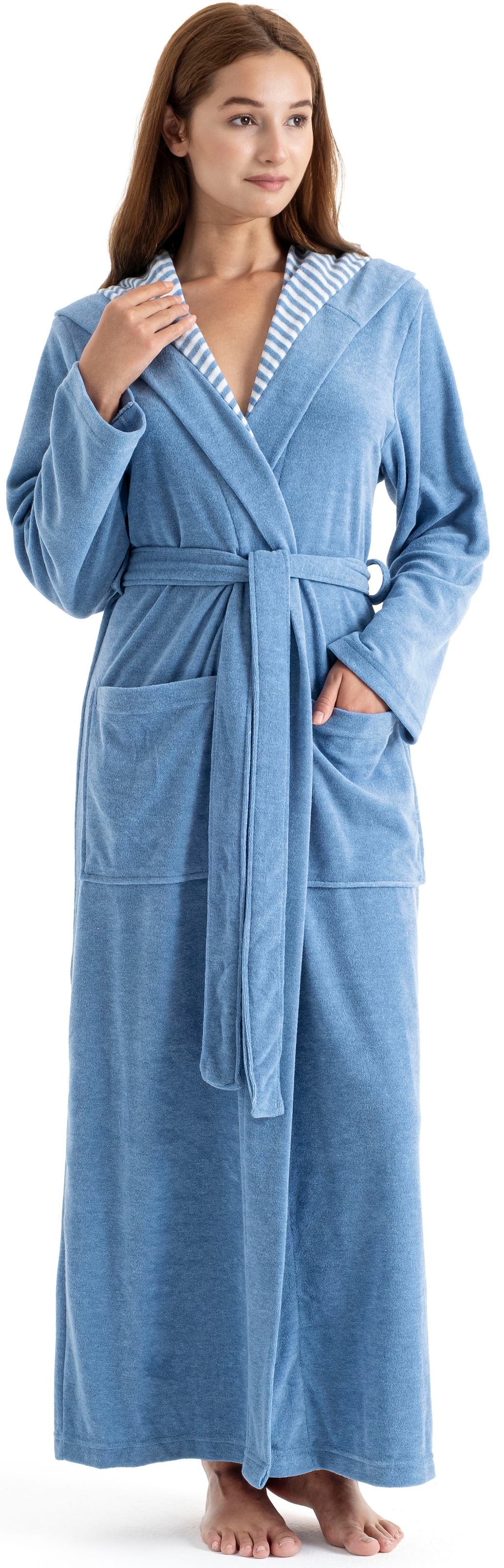 KangaROOS Damenbademantel "Dalia, ideal für Sauna & Spa, Standardlänge & Überlänge" 1 Stk. Uni-Farben mit Streifen, Taschen, leicht, XS-3XL, auch in extra lang