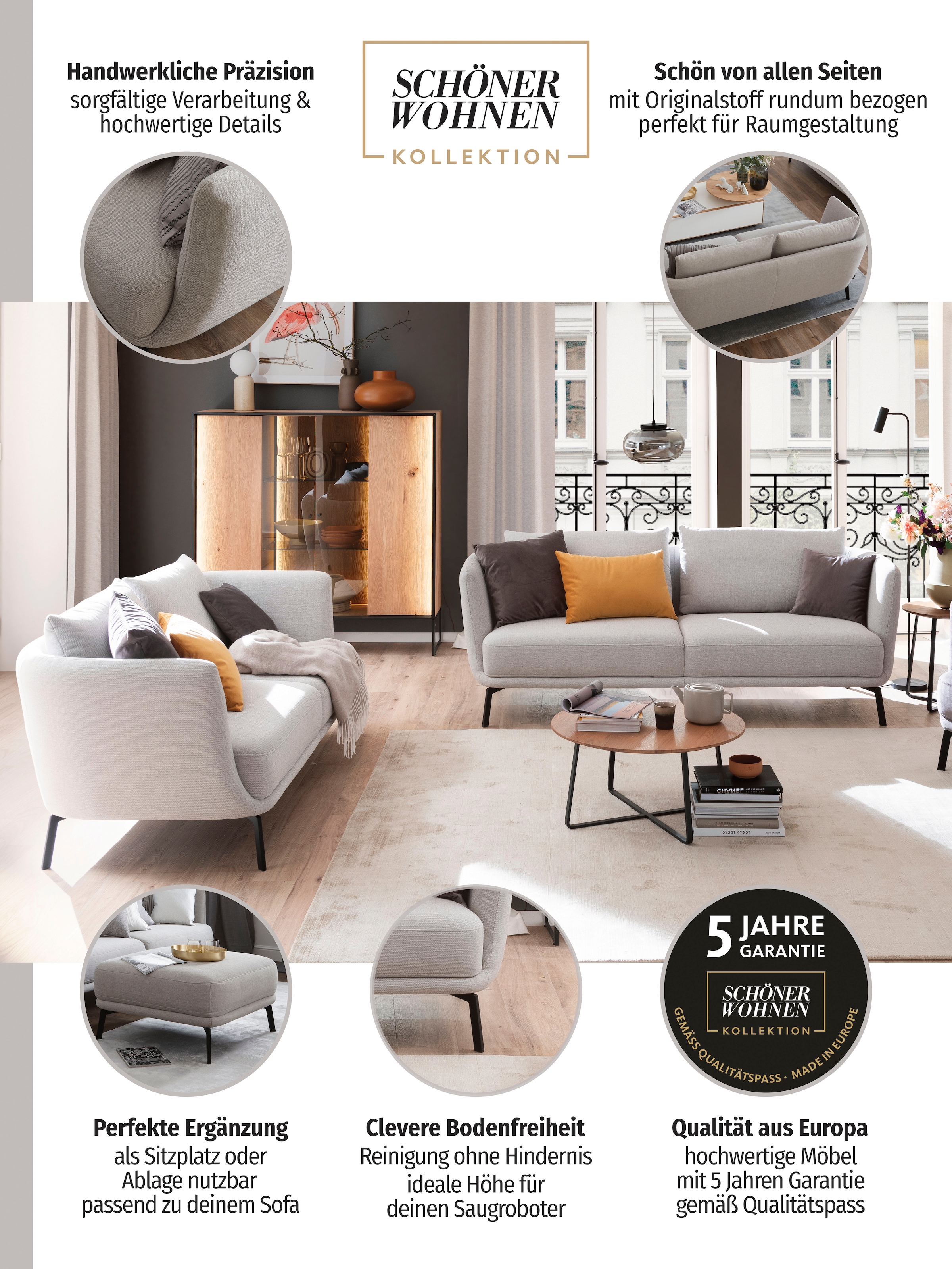 SCHÖNER WOHNEN-Kollektion 3-Sitzer »Pearl - 5 Jahre Hersteller-Garantie, auch in Bouclé« Maße (B/H/T): 210/71/91 cm, Füße Metall