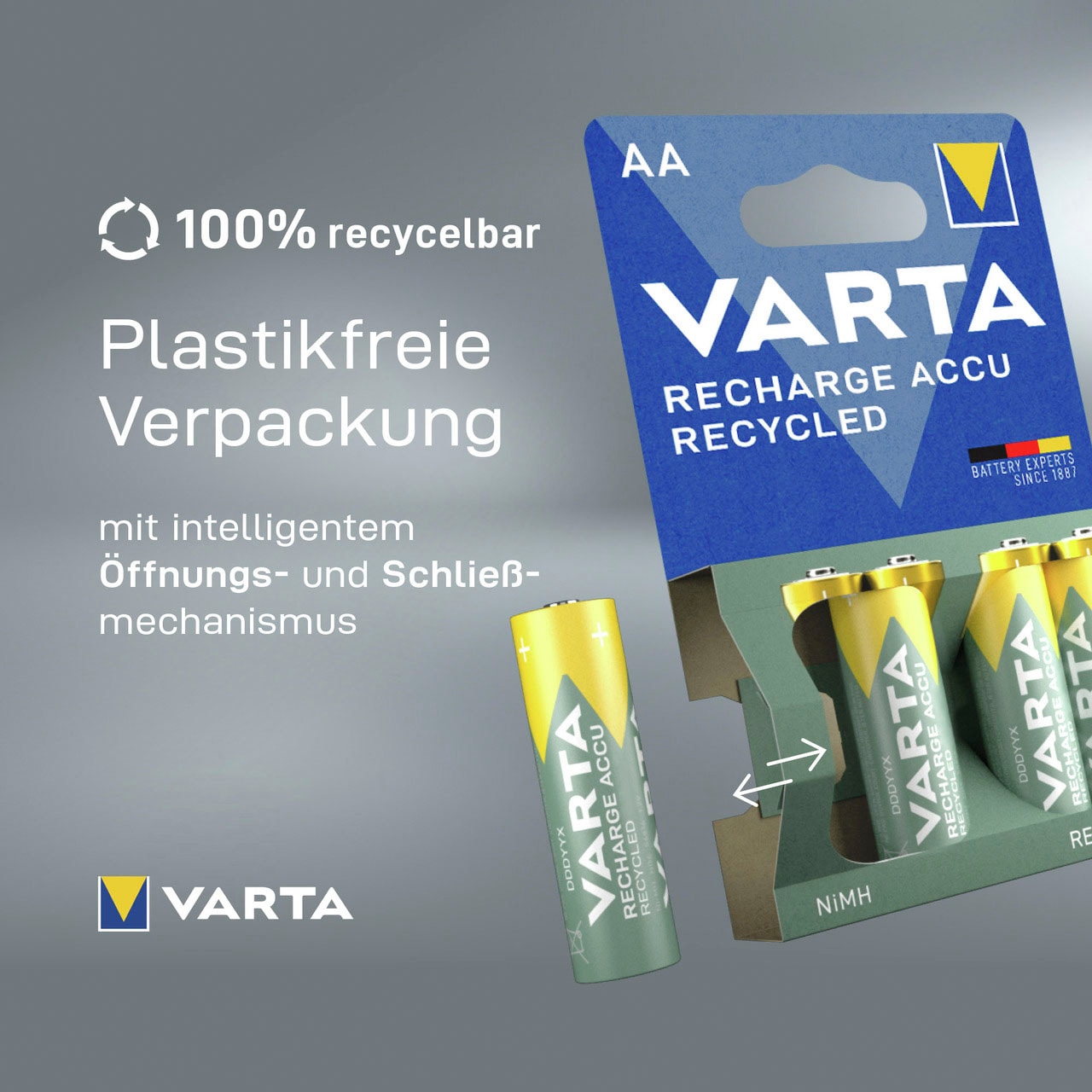 VARTA wiederaufladbare Batterien »wiederaufladbare Akkus«, 1,2 V, (Packung, 4 St.), VARTA Recharge Accu Recycled, Ready-To-Use vorgeladener AA Micro Ni-MH Akku (4er Pack, 2100mAh) - aus 11% recyceltem Material - wiederaufladbar ohne Memory Effekt