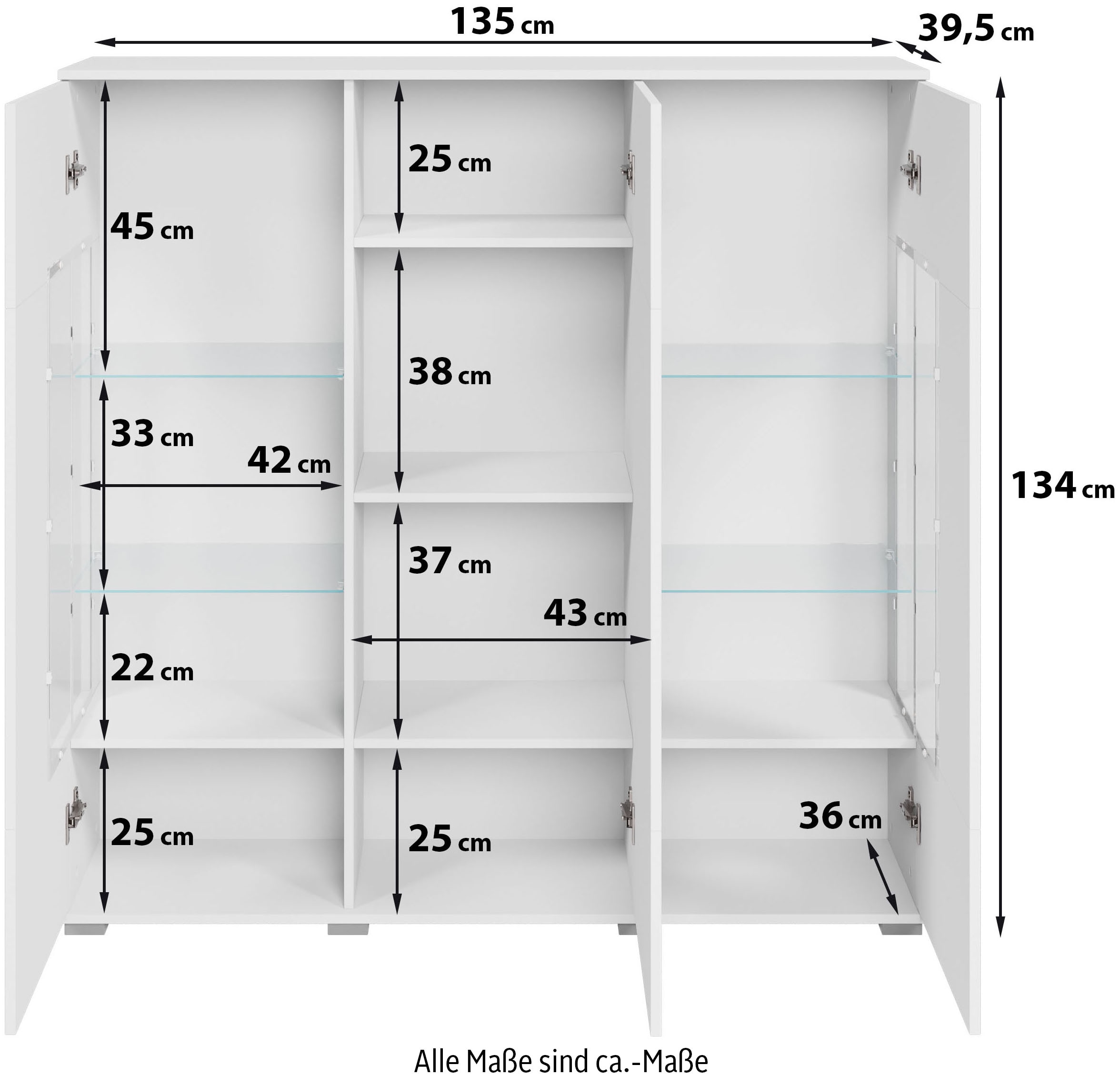 INOSIGN Highboard »Kenia«, (1 St.), Modernes Highboard, mit Glastüren, Breite 135 cm