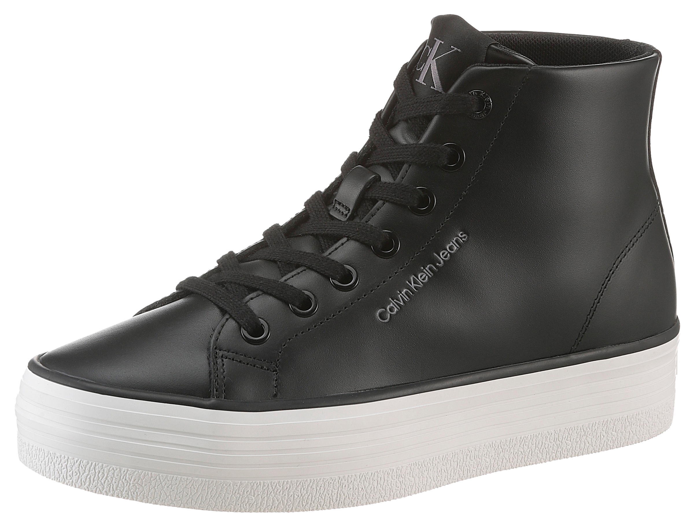 Calvin Klein Jeans Plateausneaker »BOLD VULC FLATF MID LTH IN«, High Top Sneaker, Schnürboots mit CK Logo an der Ferse