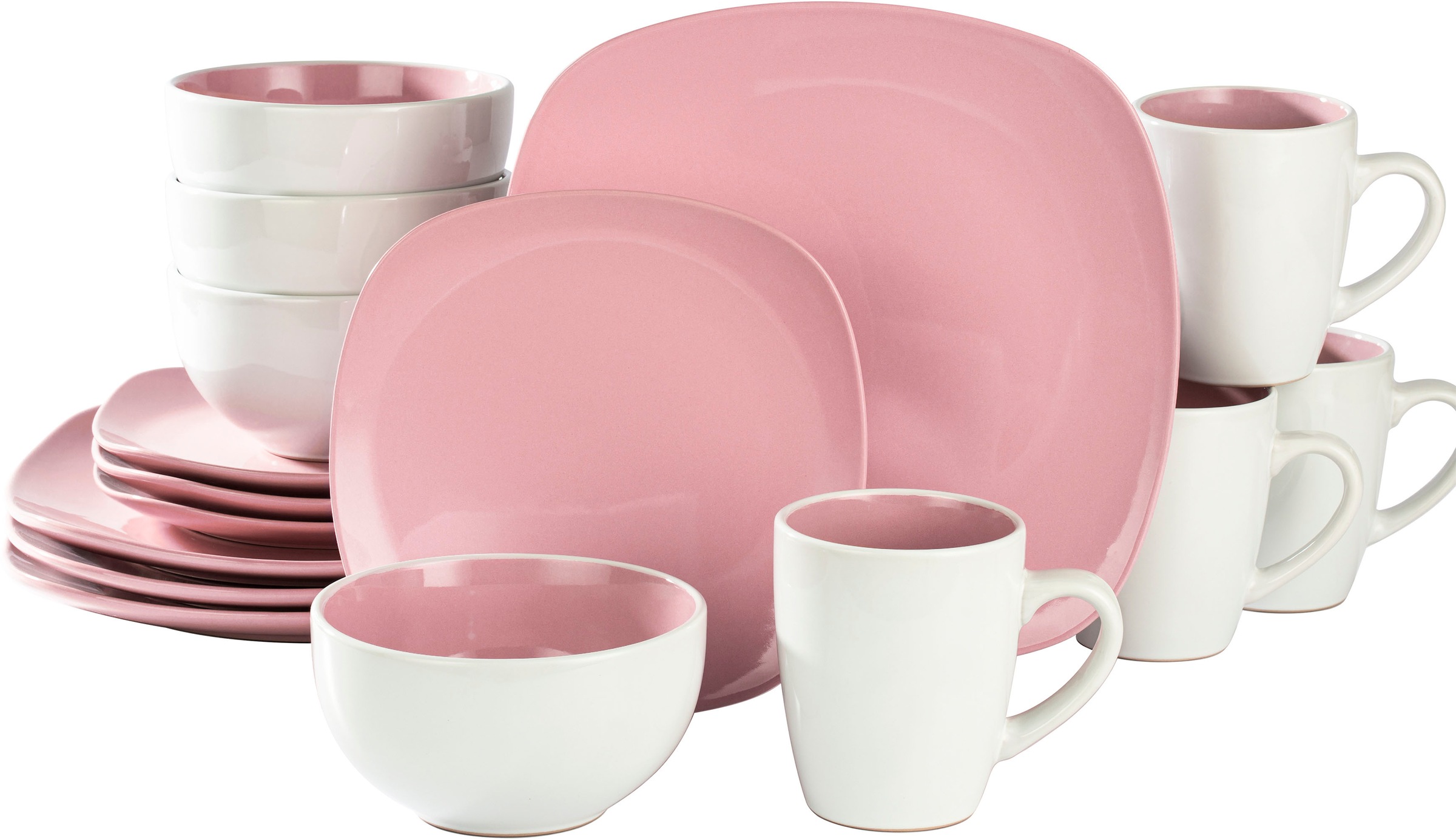 Retsch Arzberg Kombiservice »Geschirr-Set, Service NOVA SQUARE PINK/ROSÈ«,  (Set, 16 tlg., Frühstücksteller, Speiseteller, (Henkel-)Becher, Schalen),  Bicolor-Look im Mix aus Rosè und Weiß, 16 Teile, für 4 Personen | BAUR