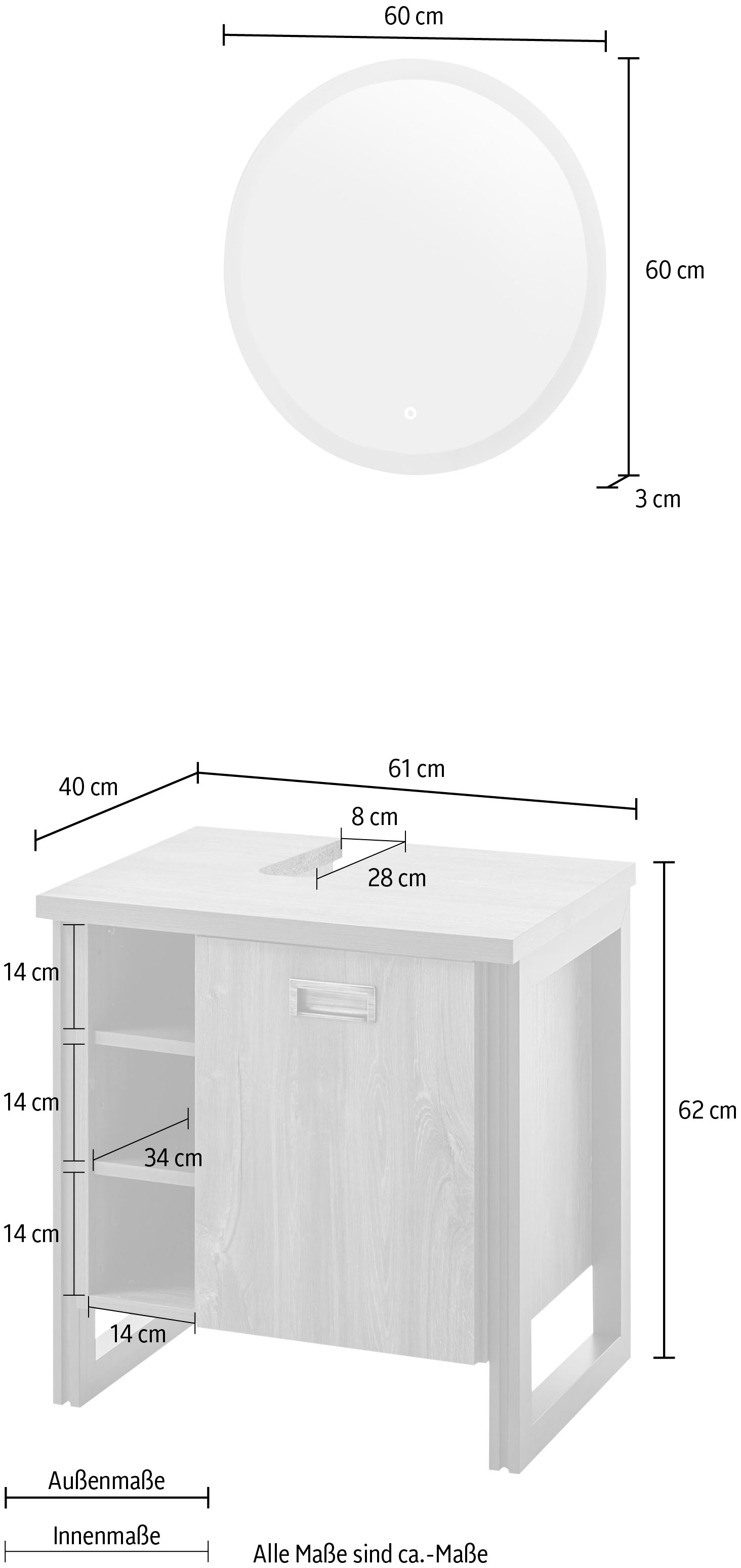 Home affaire Badmöbel-Set »Detroit, Bad im Industrialdesign, inkl. LED, 2-teiliges Badezimmer«, (2 St.), Unterschrank mit offenen Fächern & Stauraum, holzfarben, Rundspiegel