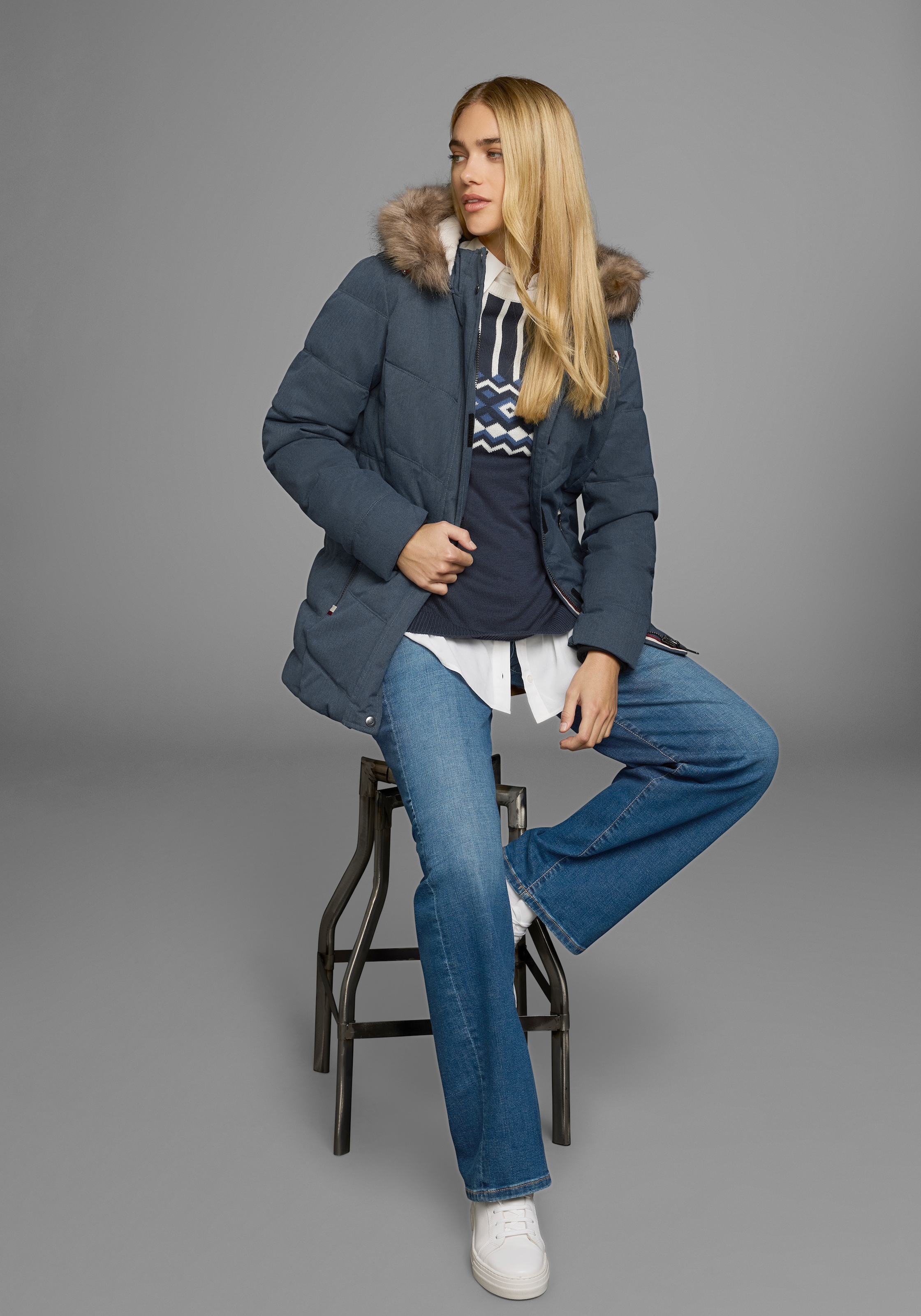 Polarino Steppjacke, mit Kapuze, mit abnehmbarer Kapuze, mit Fellimitat, viele Taschen