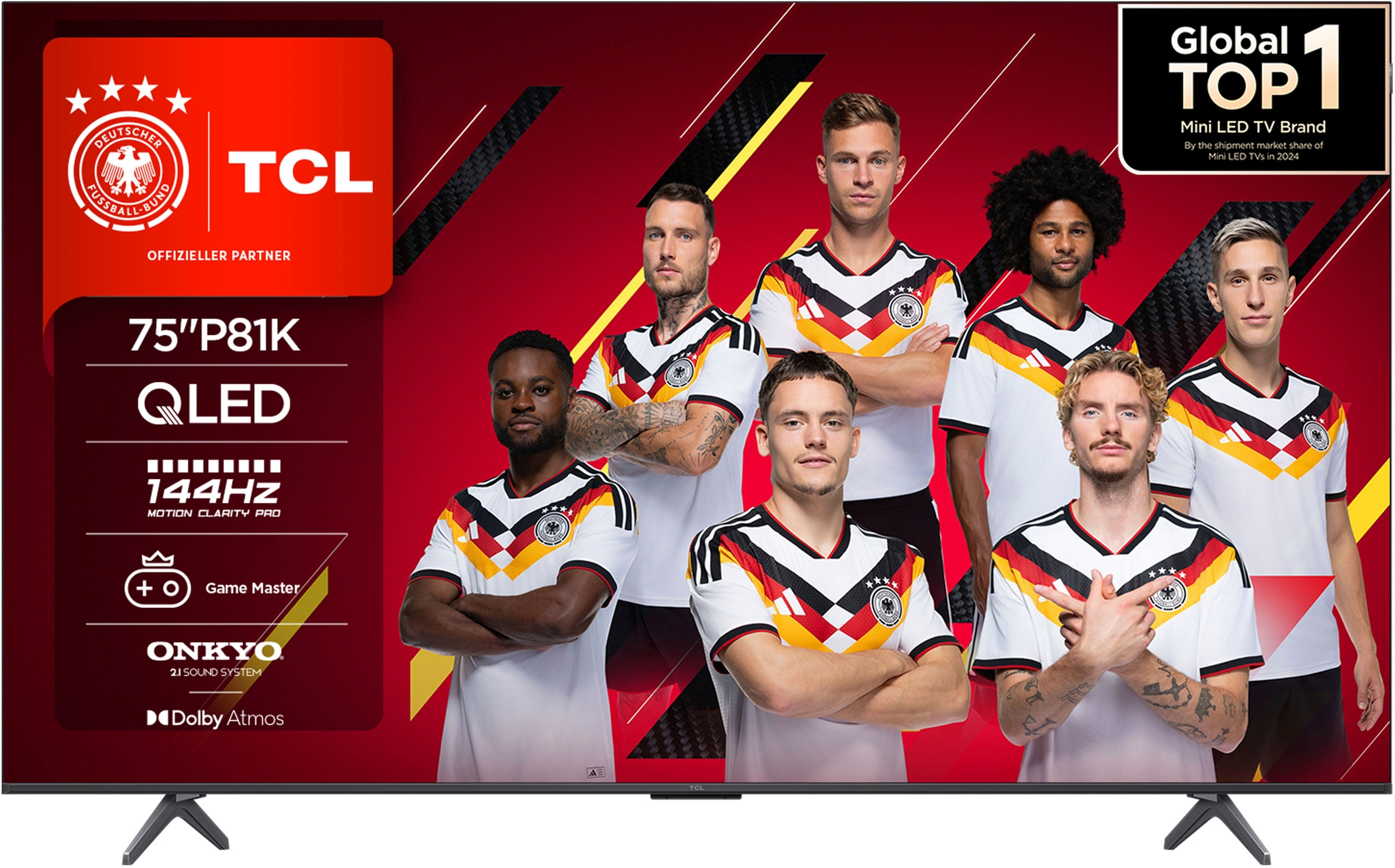 TCL QLED-Fernseher "75P81KXB", Energieeffizienz: F (A-G), schwarz, 75 ″, Fernseher, 144Hz, Multi-HDR, Dolby Vision, Game Master, Smart TV, Apple TV, ONKYO