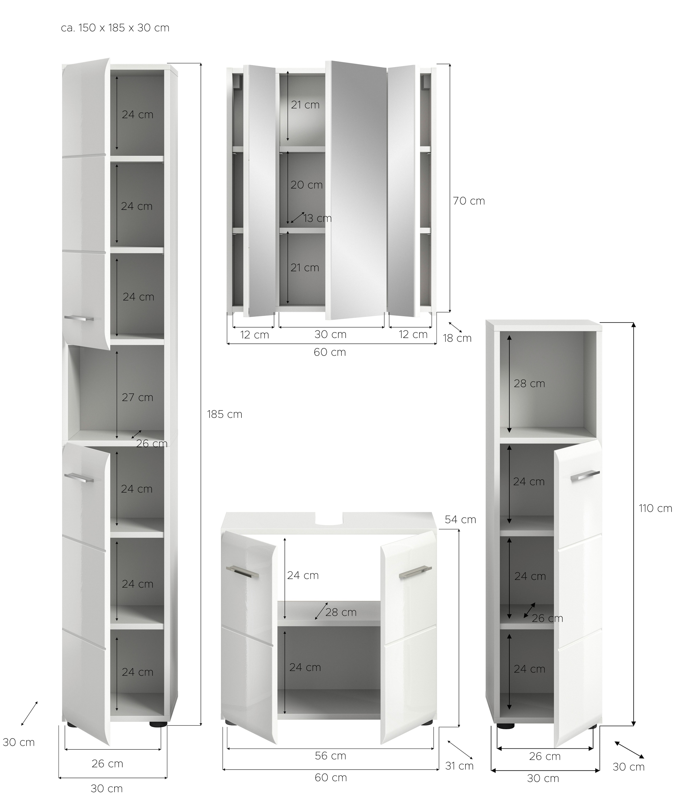 INOSIGN Badezimmer-Set, (Set, 4 St.), Florenz, Badkombination 4-tlg., Weiß hochglanz tiefzieh, Hochschrank