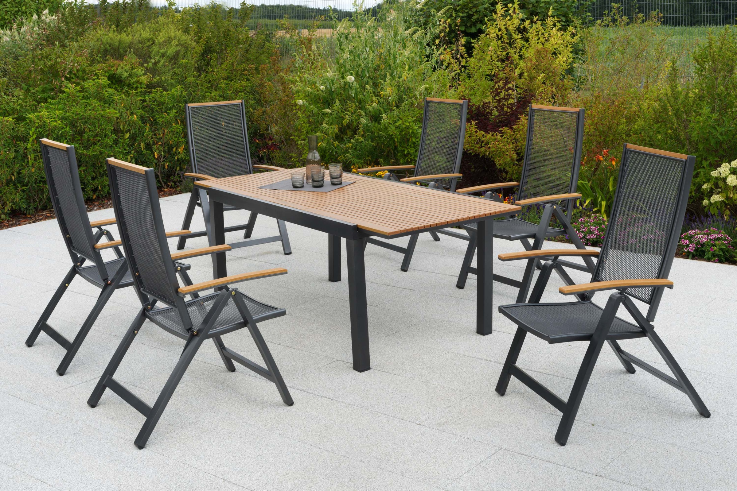 MERXX Garten-Essgruppe »Itanos« Set, 7 tlg. inkl. 6 Klappsessel, 1 Ausziehtisch
