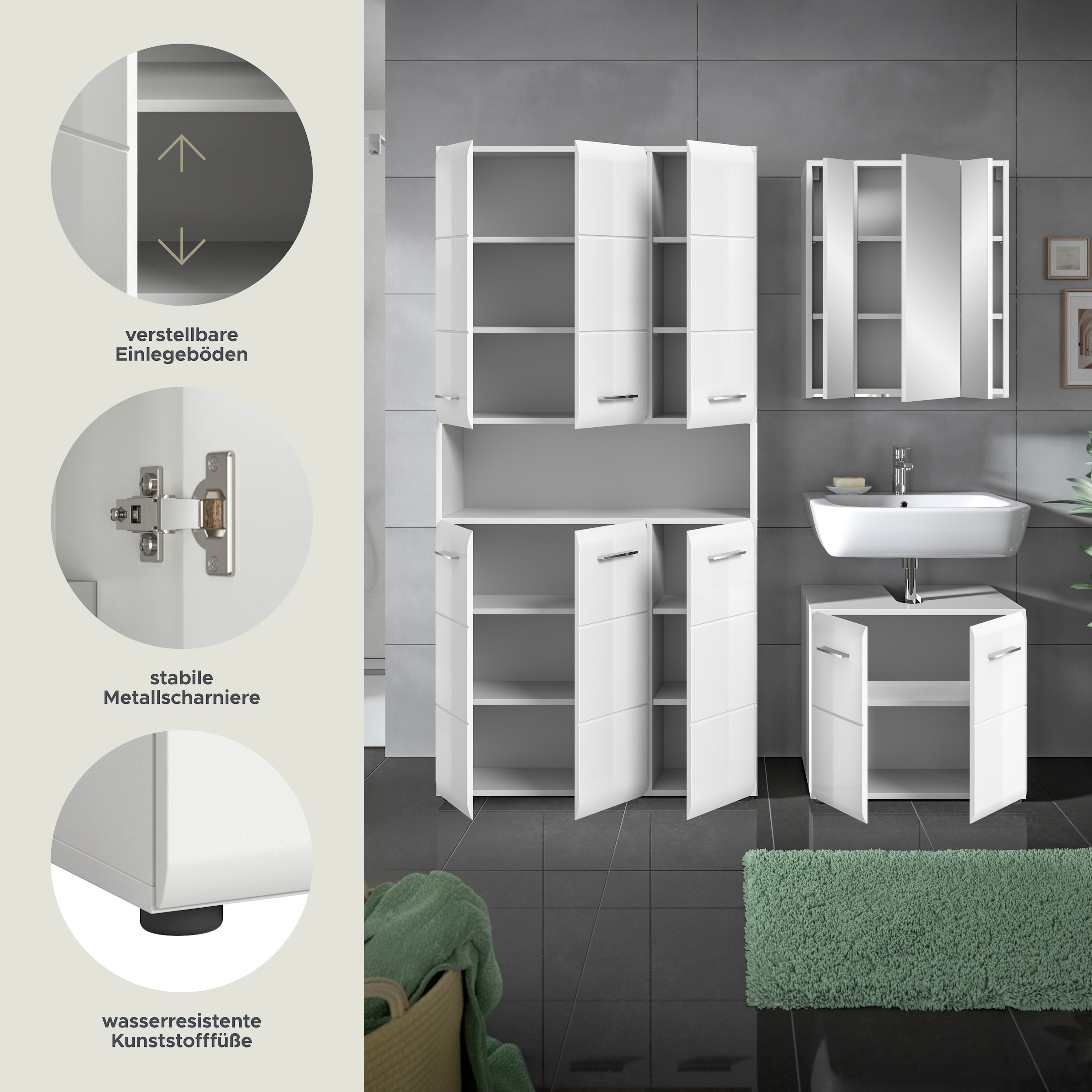 INOSIGN Badezimmer-Set, (Set, 4 St.), Florenz, Badkombination 3-tlg., Weiß hochglanz, Mehrzweckschrank