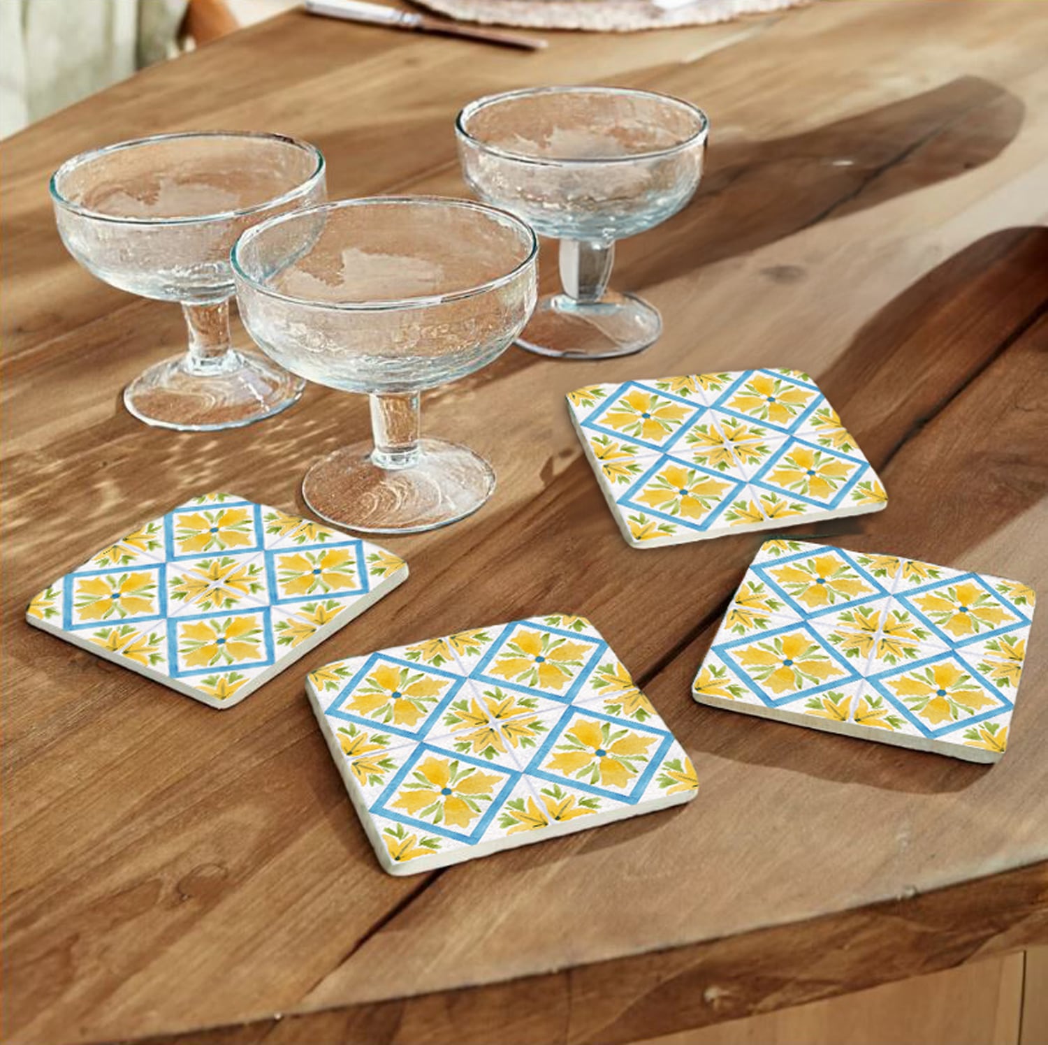 queence Getränkeuntersetzer »Gelbe Mosaik Fliesen Steine«, (Set, 4 tlg.), Mosaik Set Topfuntersetzer Naturstein Untersetzer 10x10x1cm