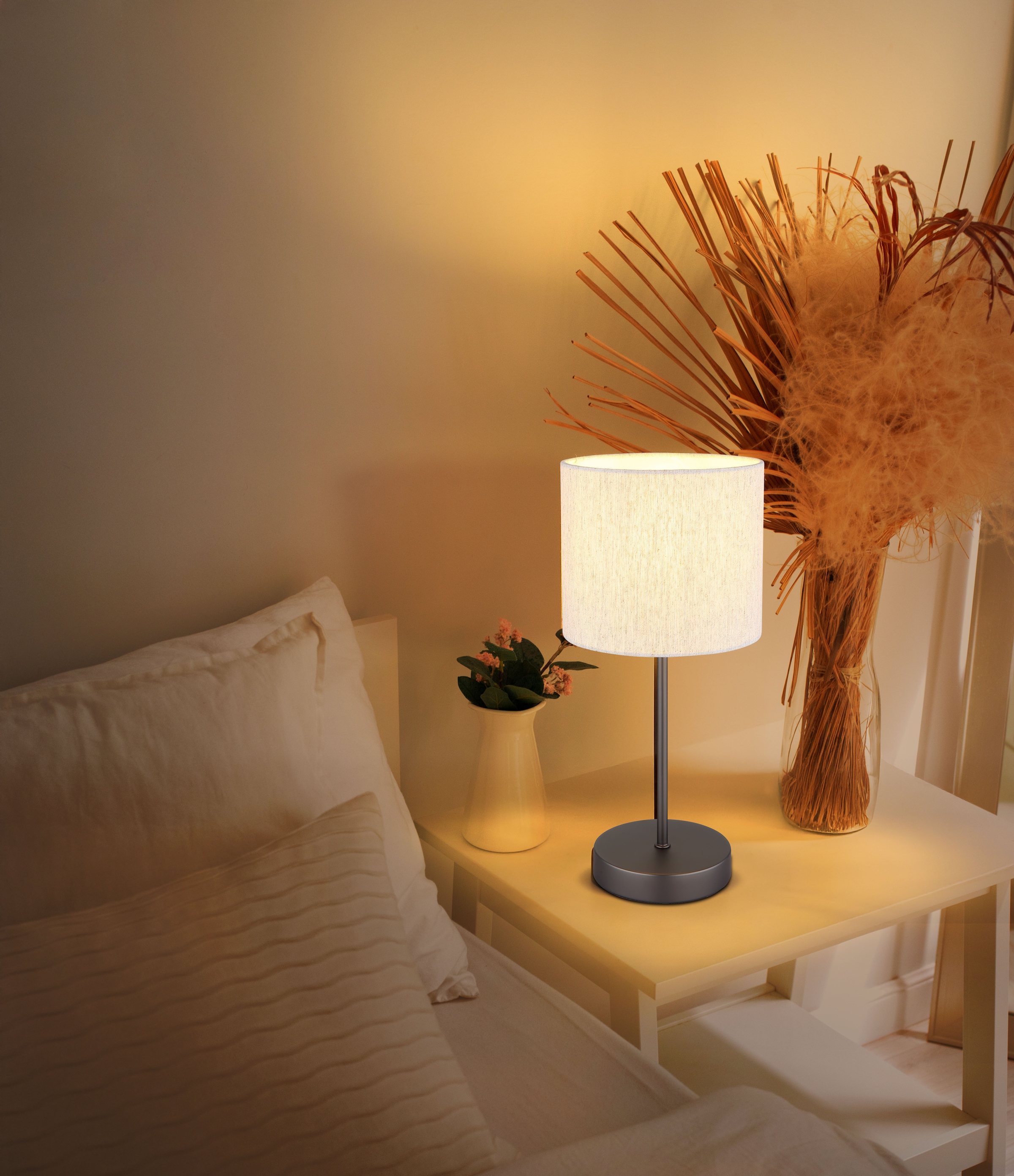 NOWA Tischleuchte »THEA« E27 1 Stk. Tischlampe,schwarz,Leinen,Schlafzimmer,rund,Flur,creme,Wohnraum