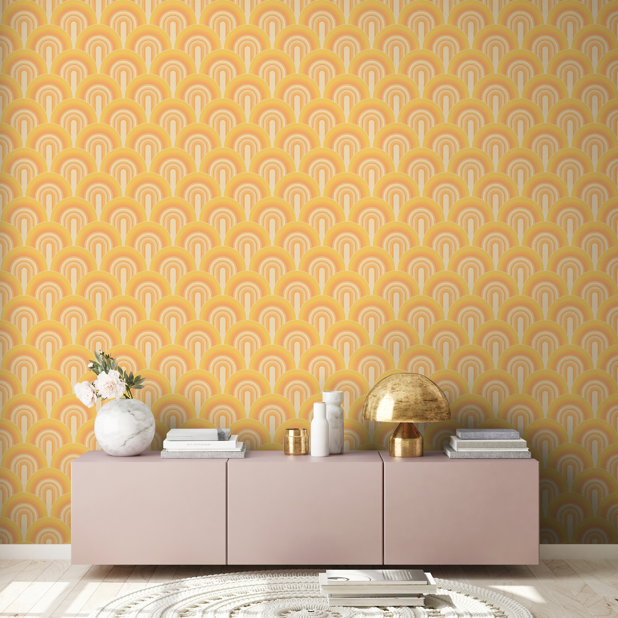 A.S. Création Vliestapete "Retro-Grafik" Retro leicht strukturiert Vliestapete Retro Art-Déco 3D-Grafik, Creme, Gelb und Orange