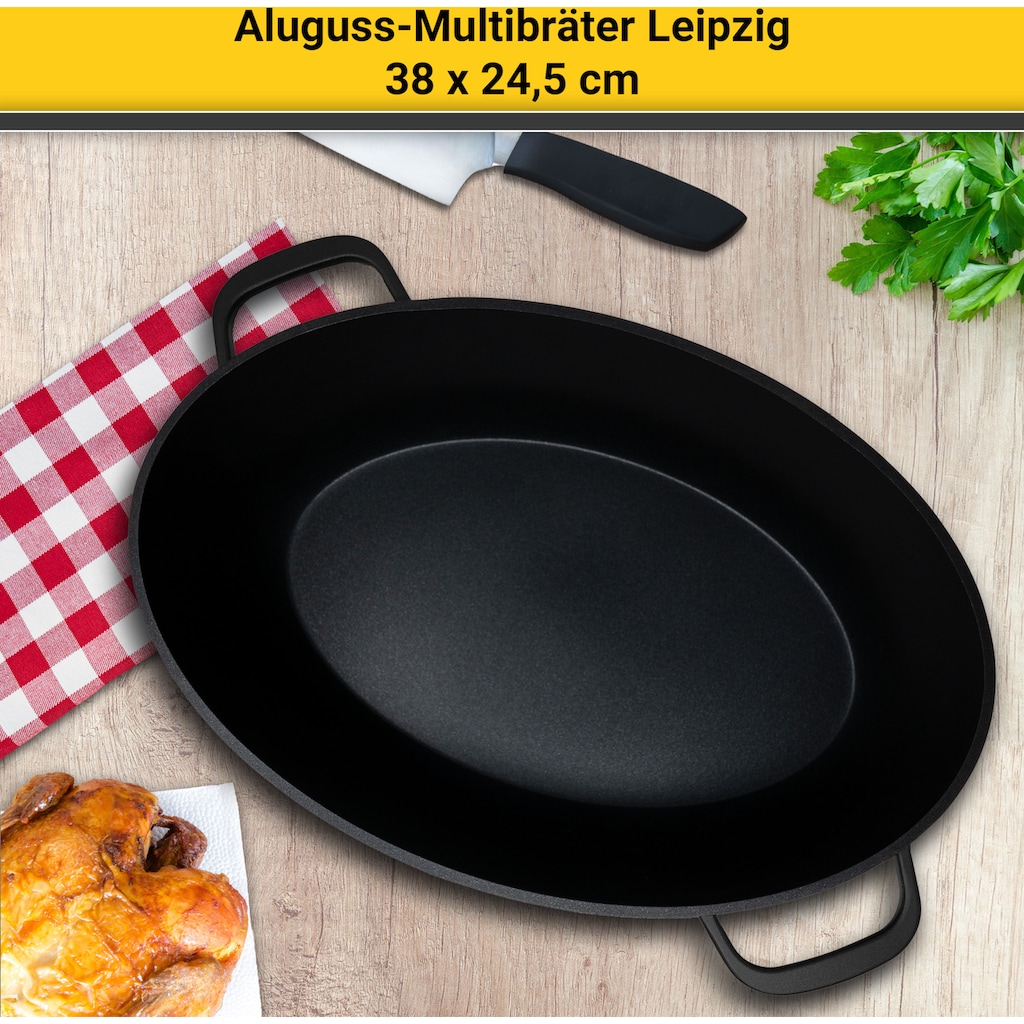 Krüger Bräter »Aluguss Multibräter mit Grilldeckel LEIPZIG, 38 x 24,5 x 13 cm«, Aluminiumguss, (1 tlg.), hochwertige Antihaft-Versiegelung