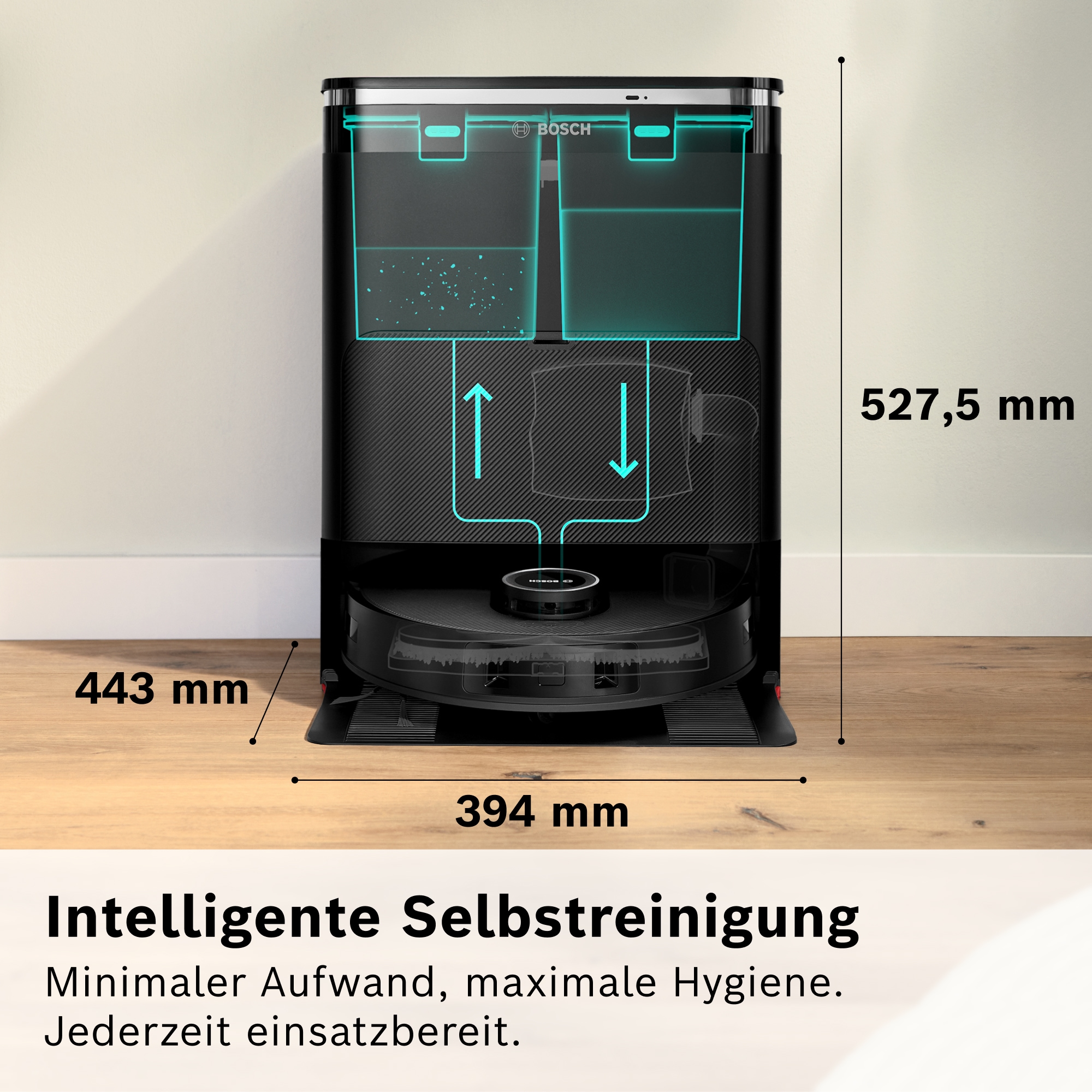 BOSCH Saugroboter »Spotless Max BCRDW3B, rotierende Wischpads, 70°C Selbstreinigung«, Datensicherheit, 11.000 Pa Saugkraft, Absaugstation, Carbon Bürste