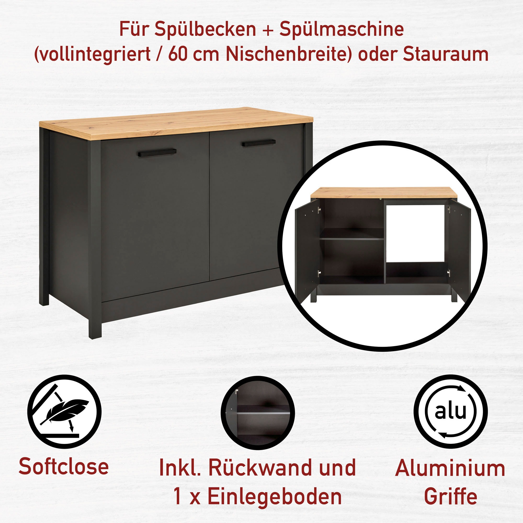 Inter Link Küchenzeile »Carbona, Einbauküche, Küchenblock, Küchenmodul, Kompaktküche« Ohne E-Geräte für Spülmaschine Kochfeld Backofen Kühlschrank B: 370 cm